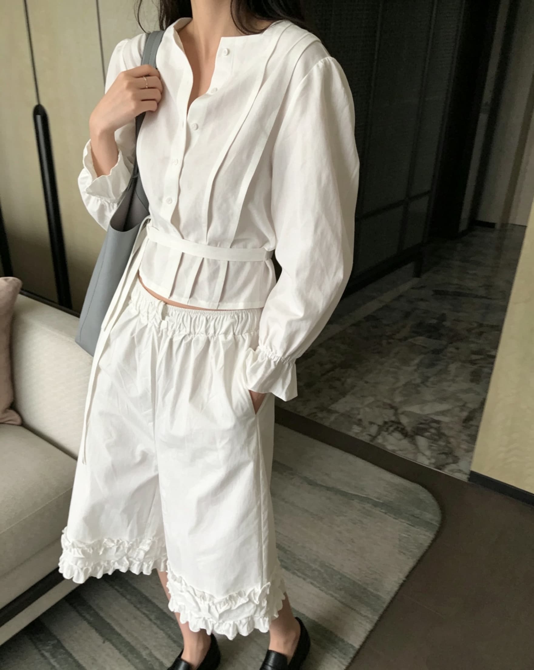 chic 다용도 작은 대중 패션 캐주얼 싱글 줄 버튼 출퇴근 셔츠 허리밴드 반신 스커트 7부 바지 투피스 세트 상세 이미지 3