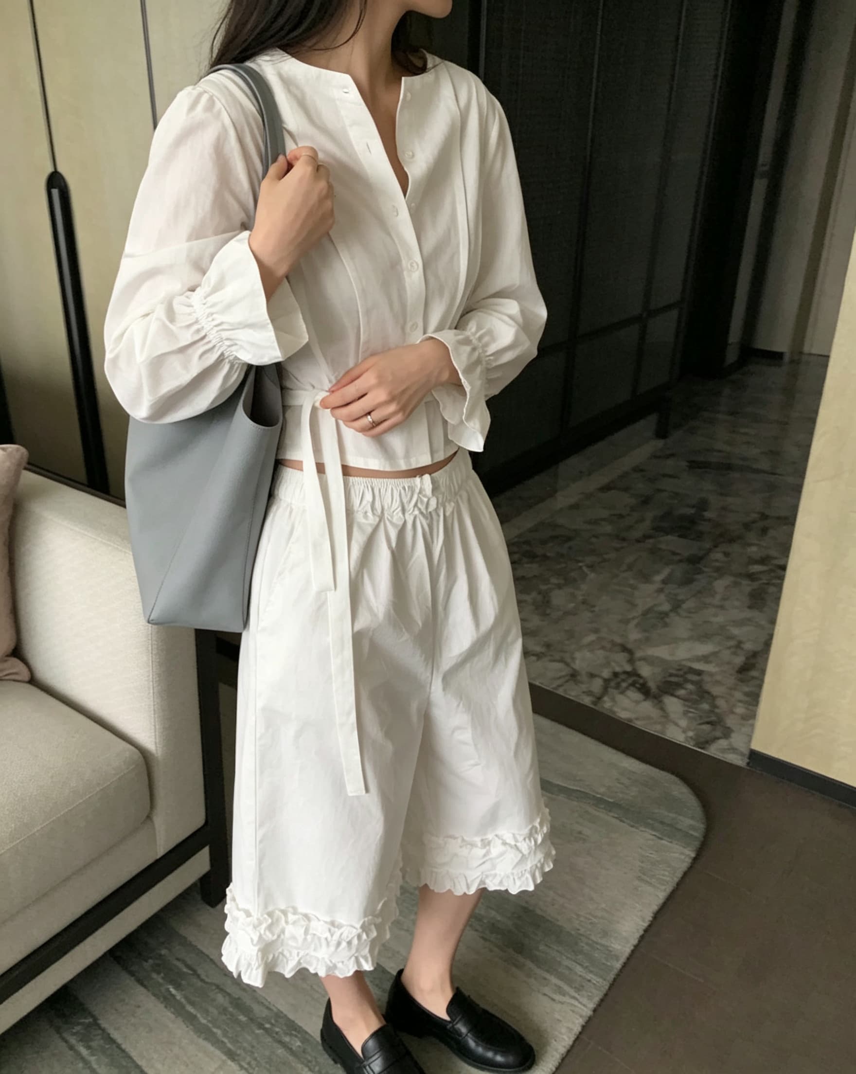 chic 다용도 작은 대중 패션 캐주얼 싱글 줄 버튼 출퇴근 셔츠 허리밴드 반신 스커트 7부 바지 투피스 세트 상세 이미지 4