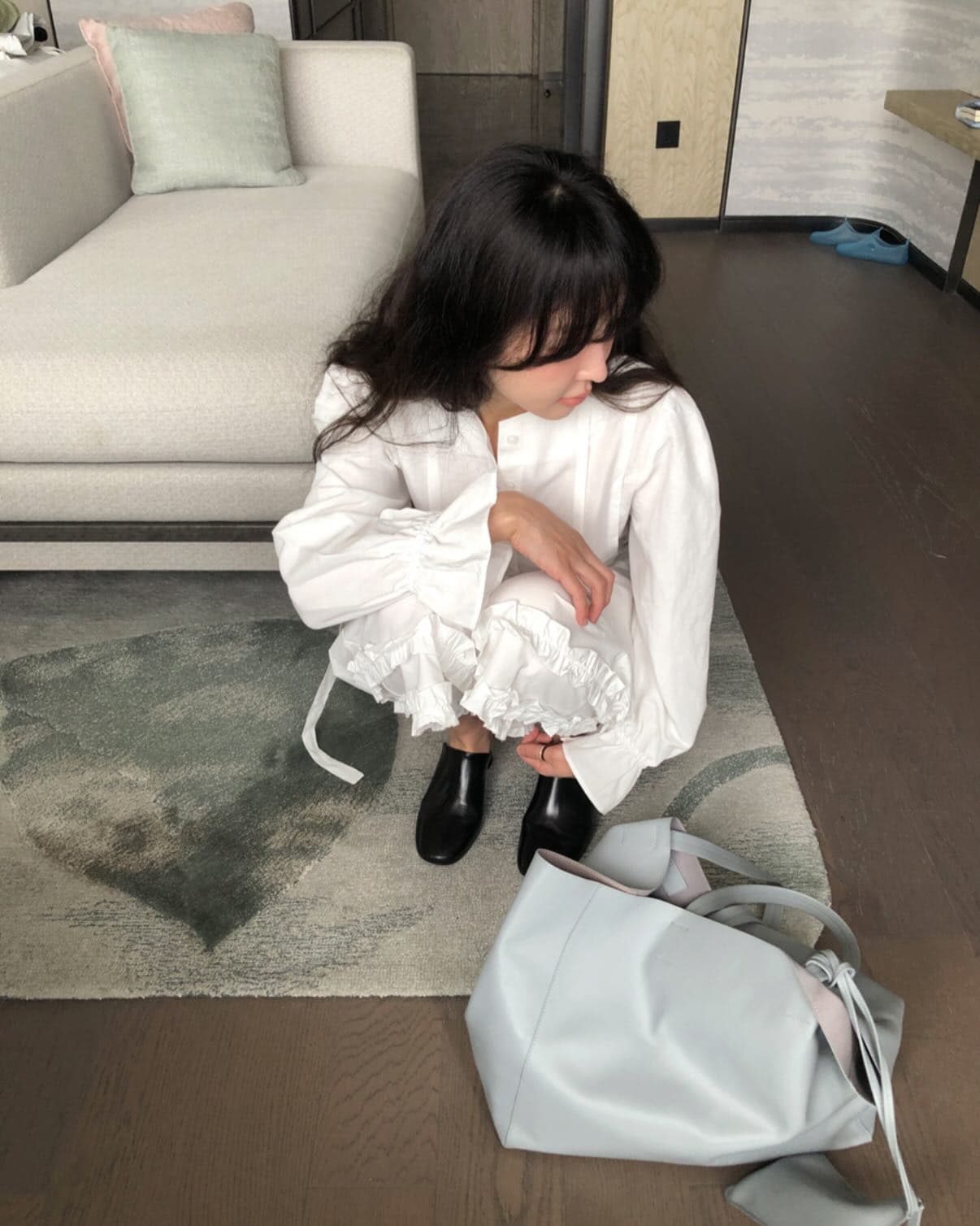 chic 다용도 작은 대중 패션 캐주얼 싱글 줄 버튼 출퇴근 셔츠 허리밴드 반신 스커트 7부 바지 투피스 세트 상세 이미지 7