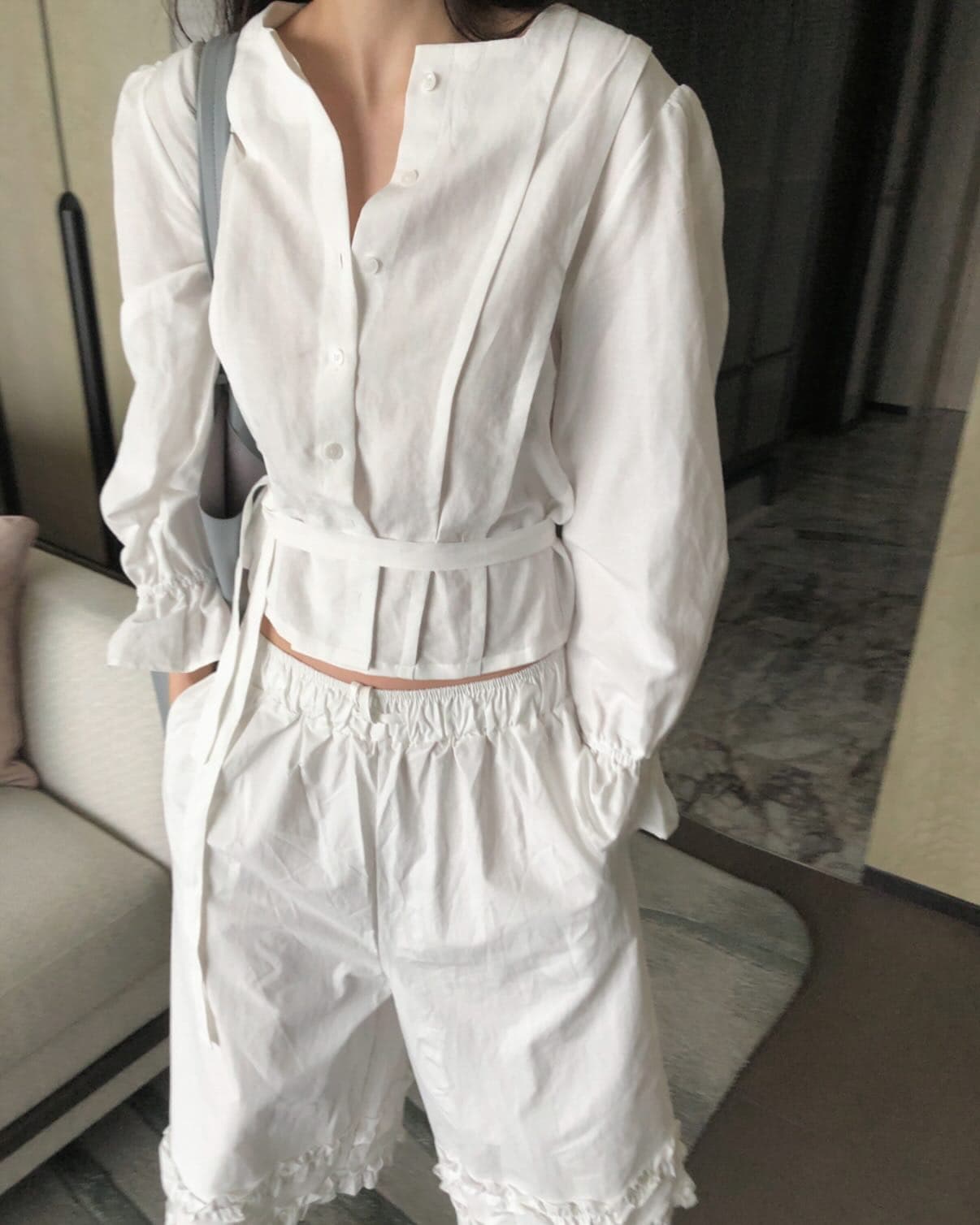 chic 다용도 작은 대중 패션 캐주얼 싱글 줄 버튼 출퇴근 셔츠 허리밴드 반신 스커트 7부 바지 투피스 세트 상세 이미지 9