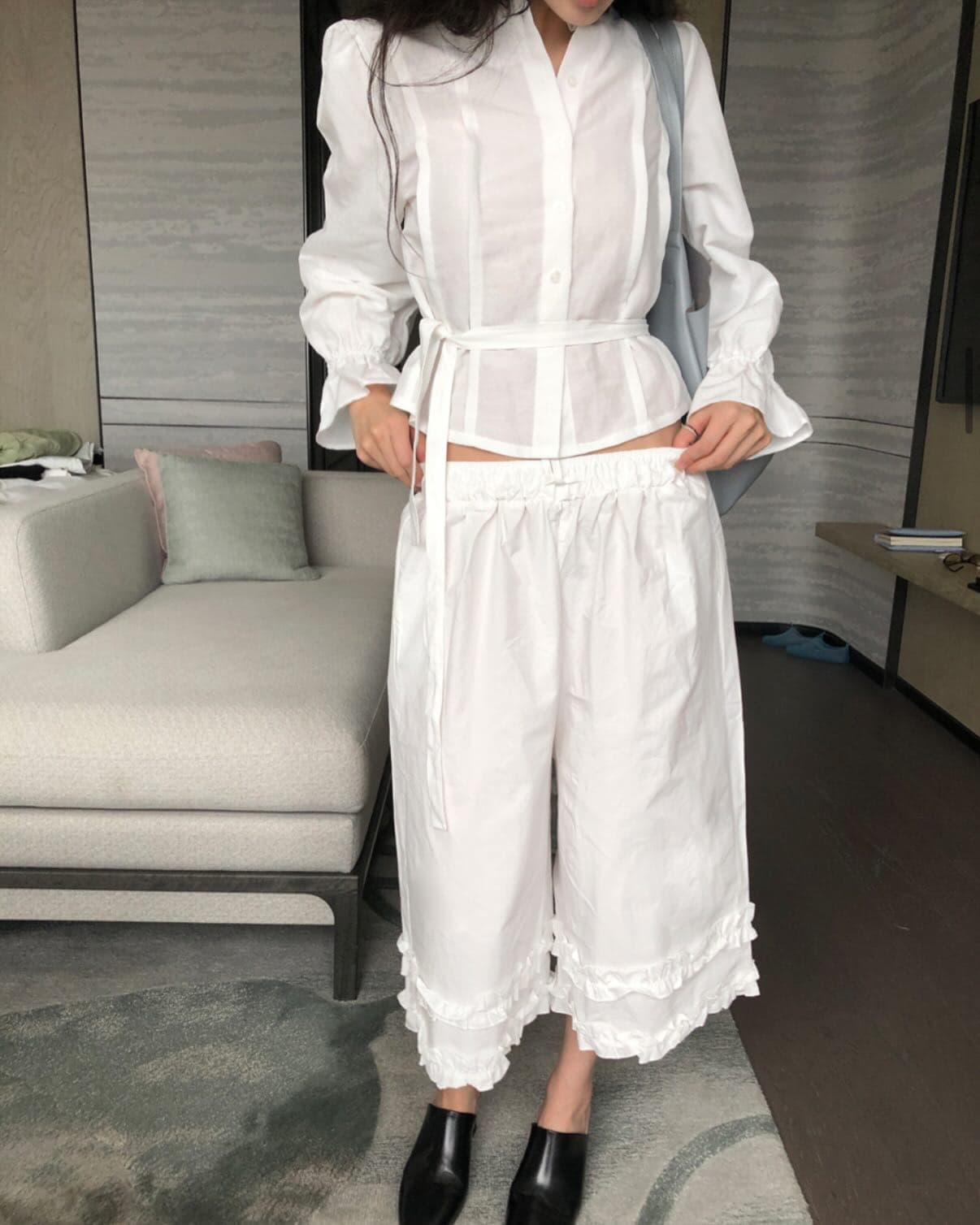 chic 다용도 작은 대중 패션 캐주얼 싱글 줄 버튼 출퇴근 셔츠 허리밴드 반신 스커트 7부 바지 투피스 세트 상세 이미지 11