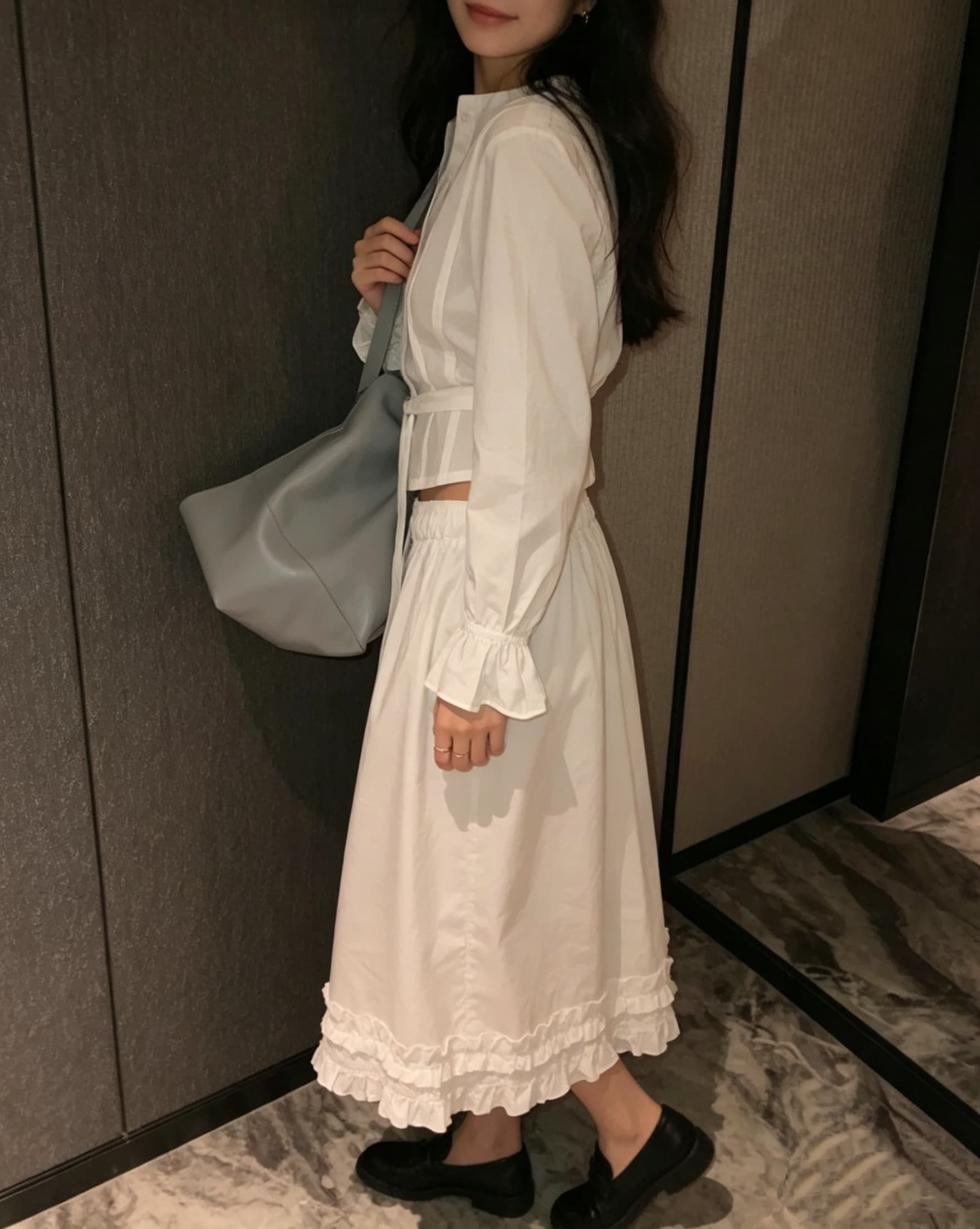 chic 다용도 작은 대중 패션 캐주얼 싱글 줄 버튼 출퇴근 셔츠 허리밴드 반신 스커트 7부 바지 투피스 세트 상세 이미지 13