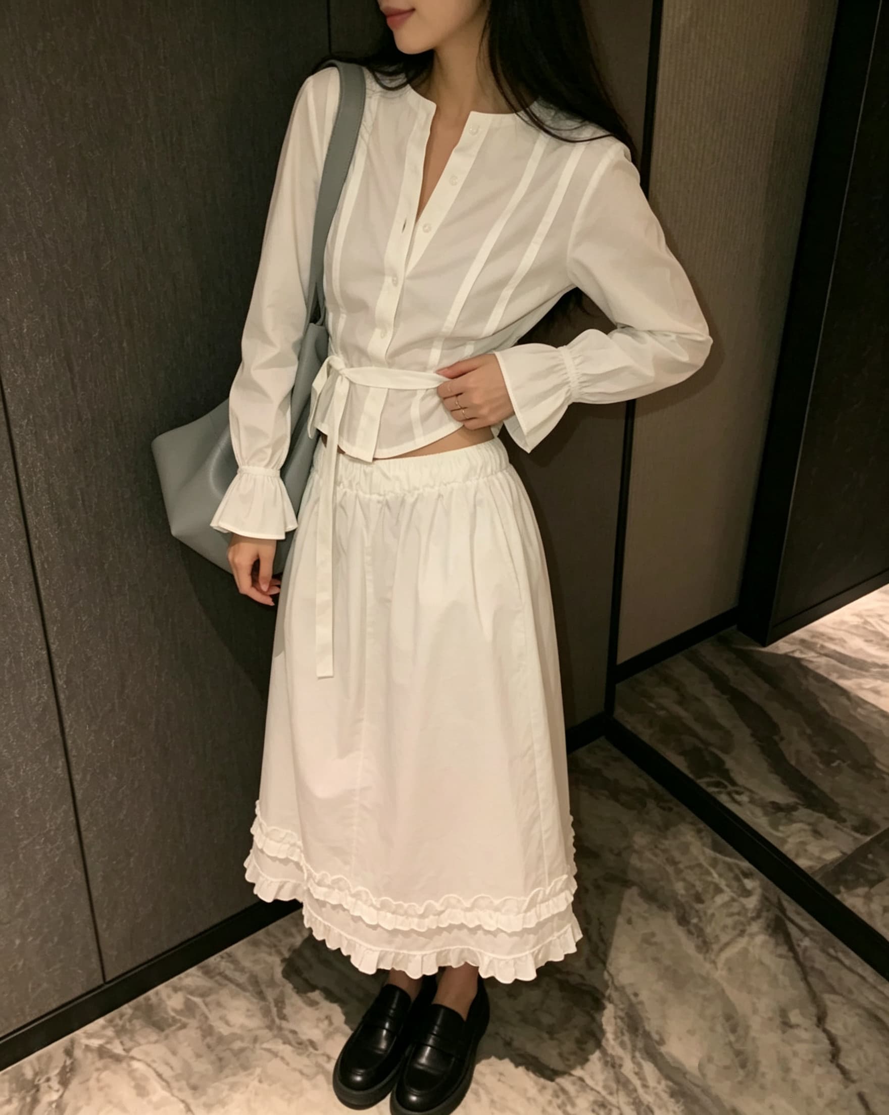 chic 다용도 작은 대중 패션 캐주얼 싱글 줄 버튼 출퇴근 셔츠 허리밴드 반신 스커트 7부 바지 투피스 세트 상세 이미지 14