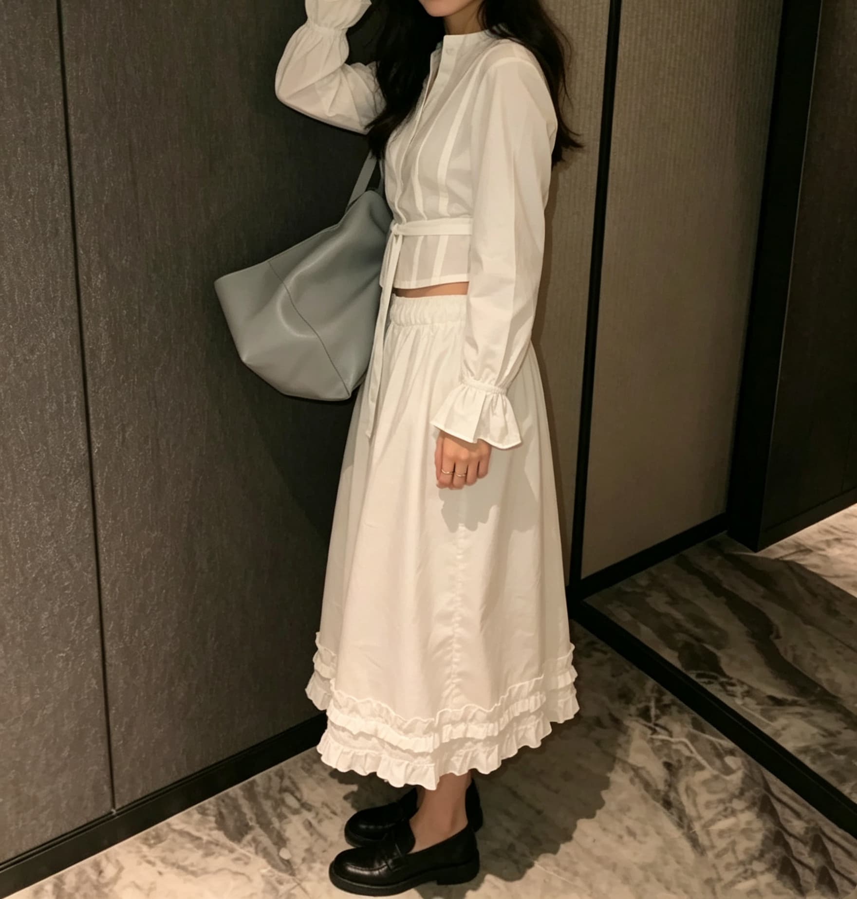 chic 다용도 작은 대중 패션 캐주얼 싱글 줄 버튼 출퇴근 셔츠 허리밴드 반신 스커트 7부 바지 투피스 세트 상세 이미지 15