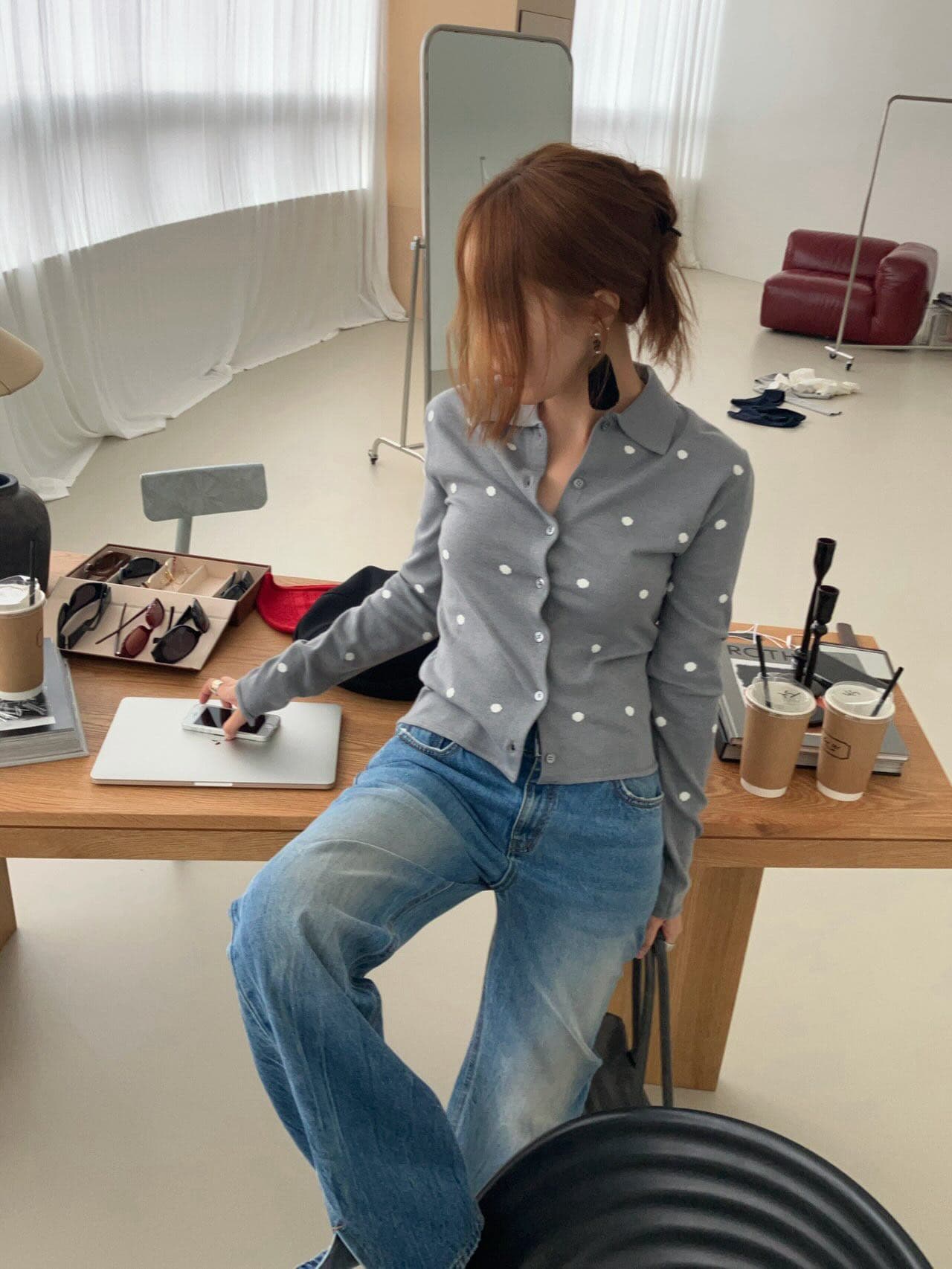 chic 한 부서 다용도 작은 대중 패션 긴팔 도트 무늬 니트 스웨터 맨위 오픈 가디건 상세 이미지 29