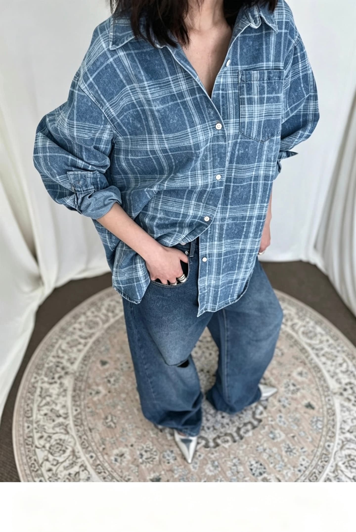 있음 선적 한 부서 다용도 체크무늬 BF 바람 가을 겨울 루즈핏 긴팔 셔츠 상세 이미지 6