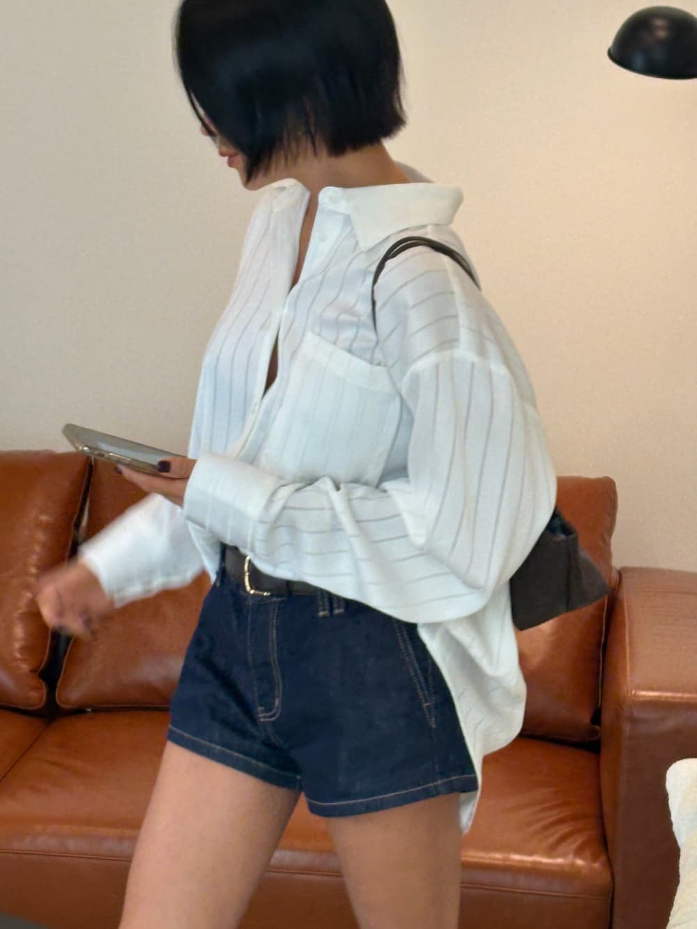 한 부서 다용도 루즈핏 아세트산 홀로우 아웃 스트라이프 고급 센스 새틴 긴팔 셔츠 상세 이미지 6