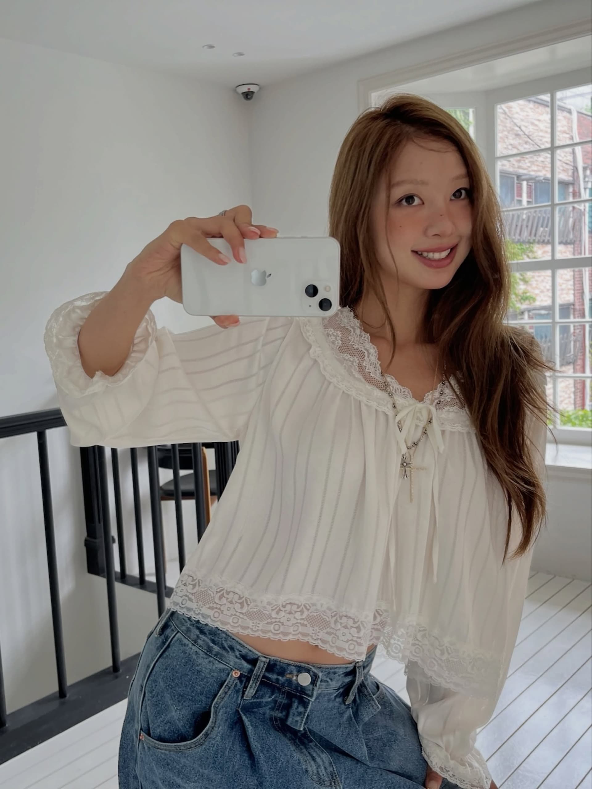 있음 선적 한 부서 ins 다용도 작은 대중 패션 레이스 레이스 칼라 스트라이프 새틴 셔츠 상세 이미지 16