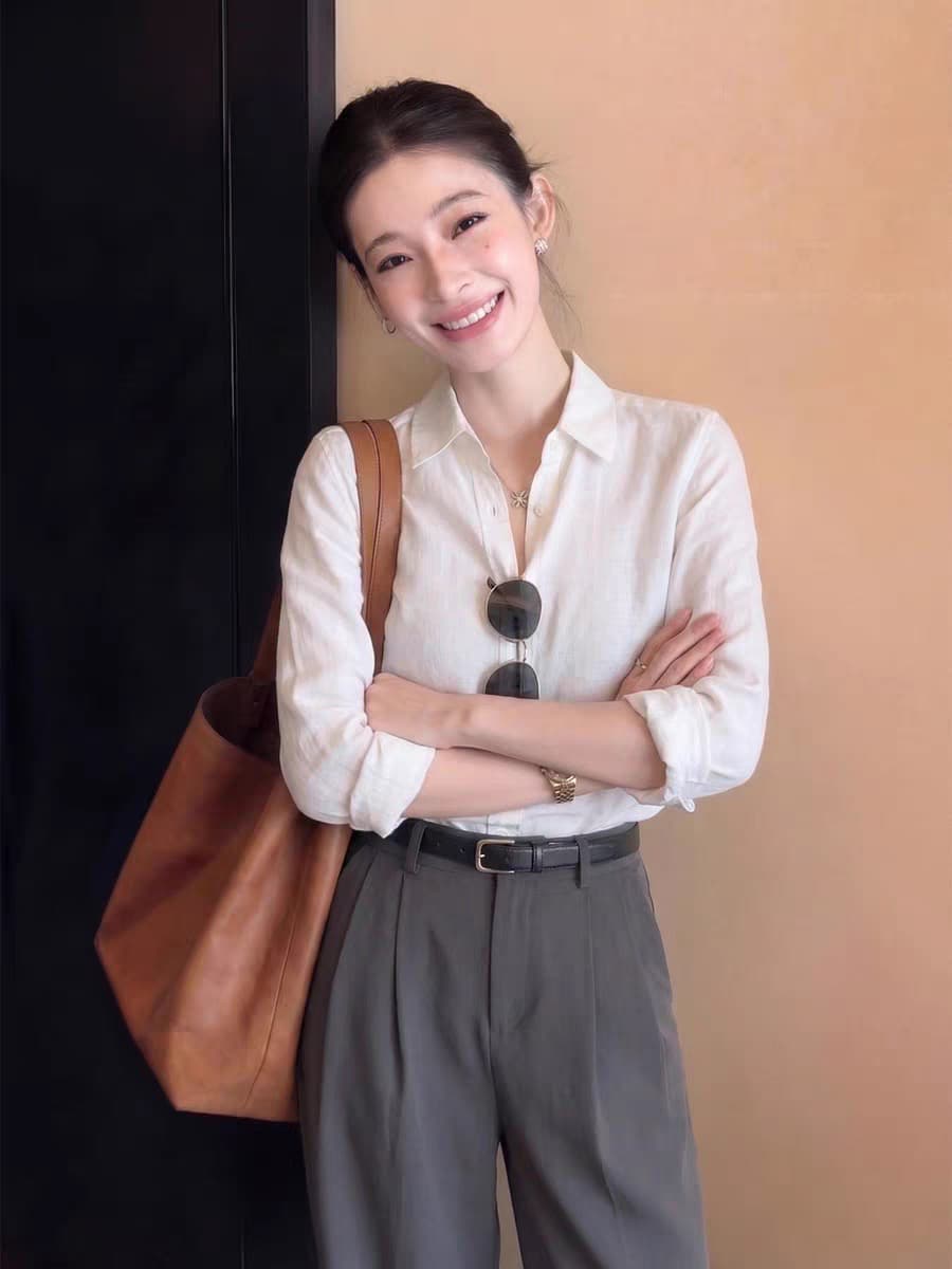 한 부서 핑크색 polo 폴로 칼라 긴팔 여성 셔츠 여름 오래된 돈 바람 품격 루즈핏 캐주얼 셔츠 자외선 차단 맨위 이미지 4