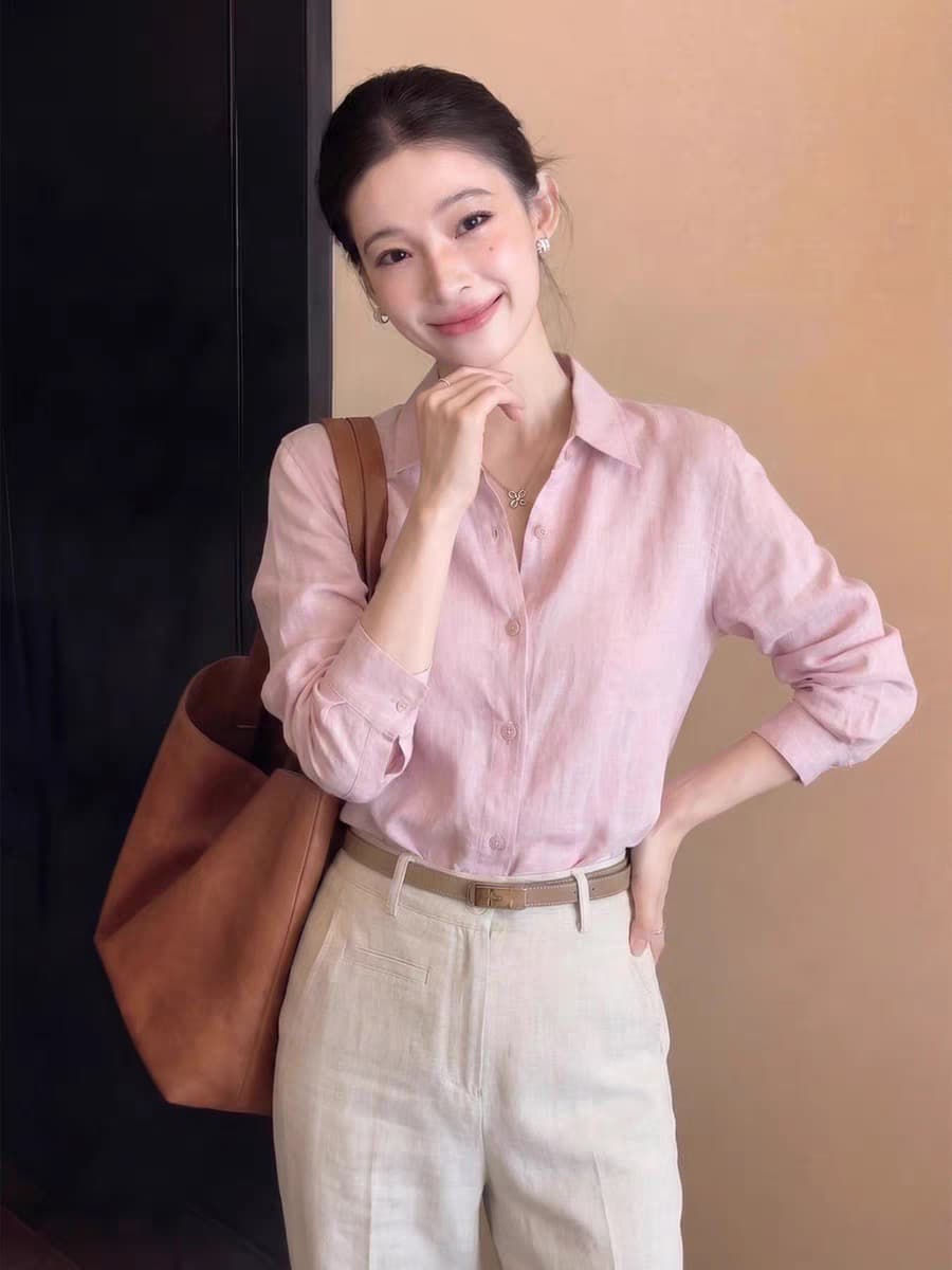 한 부서 핑크색 polo 폴로 칼라 긴팔 여성 셔츠 여름 오래된 돈 바람 품격 루즈핏 캐주얼 셔츠 자외선 차단 맨위 상세 이미지 3