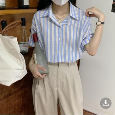 새로운 한국 스타일 루즈핏 스트라이프 여성 여름 얇은 스타일 디자인 센스 작은 대중 레트로 반팔 셔츠