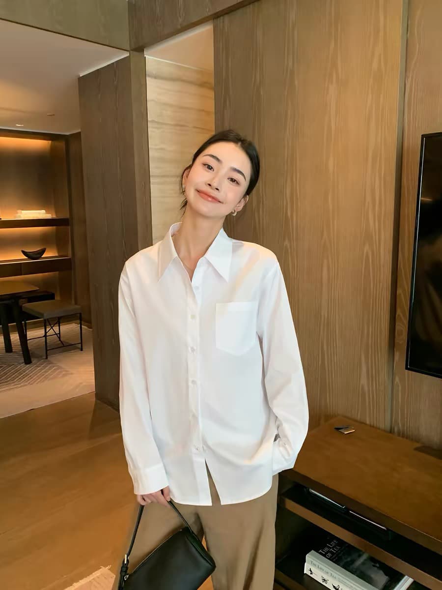 조용한 럭셔리 오래된 돈 바람 면 긴팔 여성 셔츠 느긋한 센스 루즈핏 캐주얼 품격 맨위 이미지 2