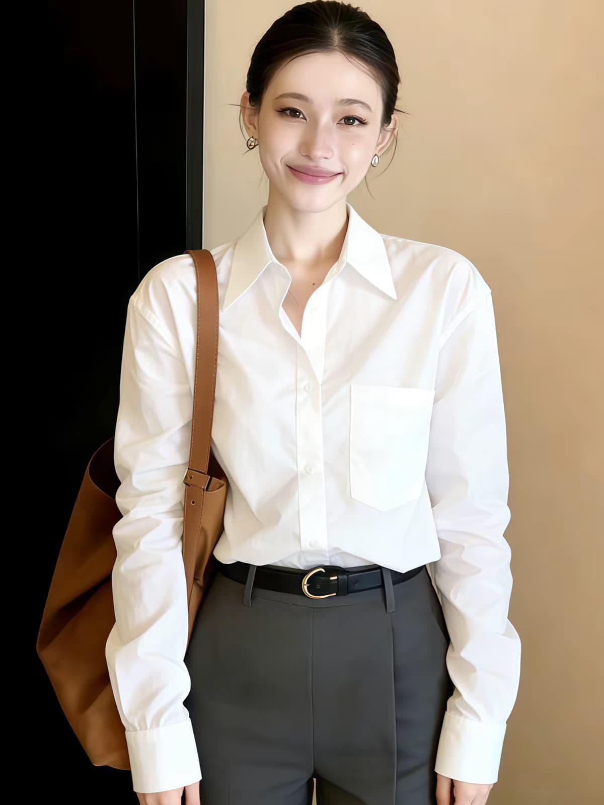 화이트 POLO 칼라 긴팔 셔츠 봄 가을 여성 2026 년 새로운 빛 럭셔리 고급 센스 프랑스식 사소한 Chic 켜기 상세 이미지 4