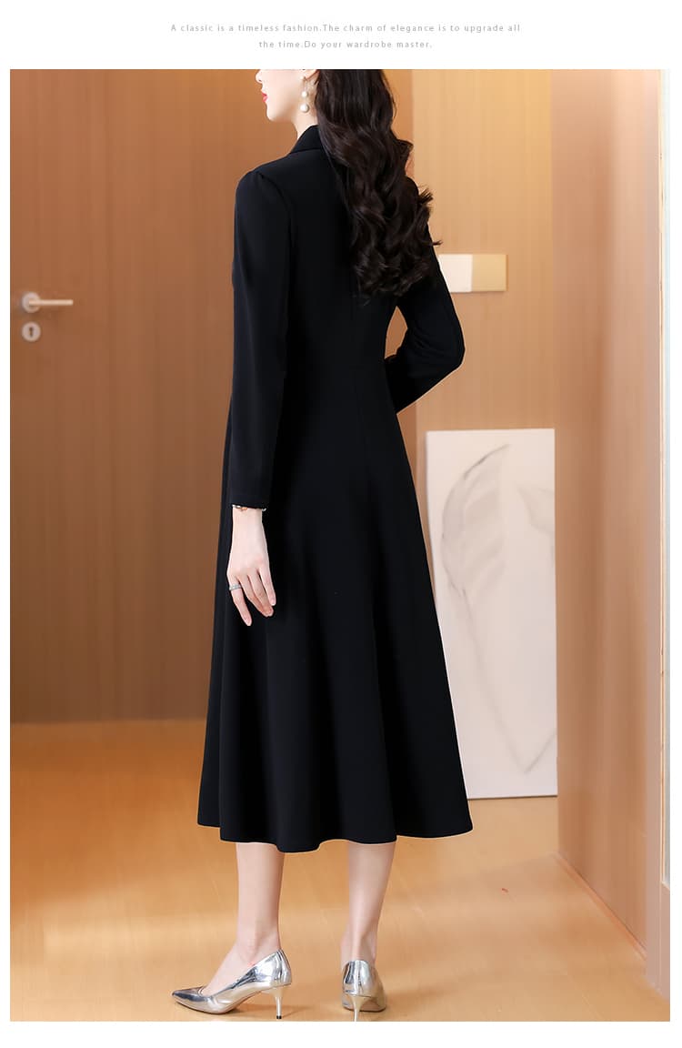 실사 가을 새로운 그는 벤 바람 검정색 드레스 허리 수축 슬림해 보이는 롱 코트 품격 정장 칼라 드레스 상세 이미지 19