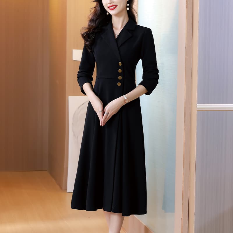 실사 가을 새로운 그는 벤 바람 검정색 드레스 허리 수축 슬림해 보이는 롱 코트 품격 정장 칼라 드레스 이미지 3