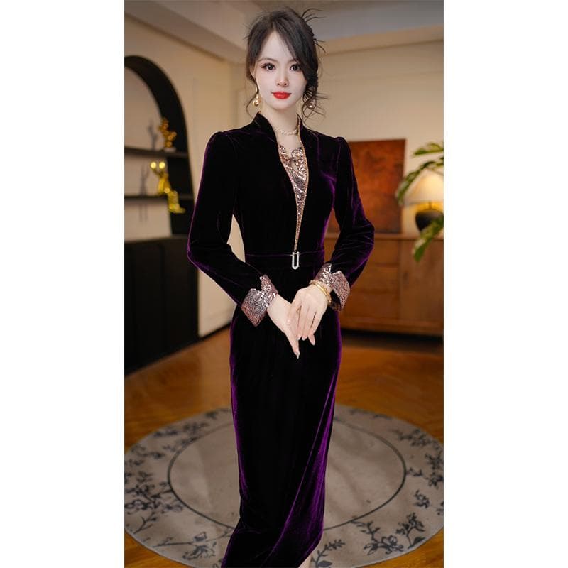 2026 가을 새로운 허리 수축 슬림해 보이는 외국 가스 연령 감소 빛 럭셔리 여성 드레스 복장 상세 이미지 3