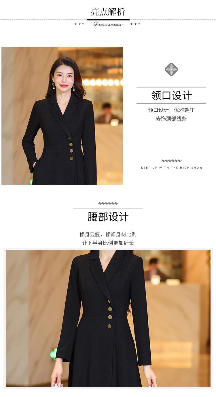 슬림해 보이는 V넥 허리 수축 폴로 칼라 롱 코트 A라인 스커트 점프 슈트 치마 검정색 명문 여성 여성 의류 고급 센스 패션 다용도 치마 상세 이미지 3