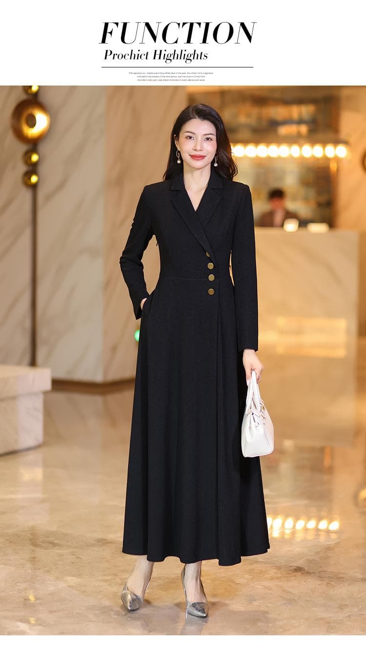 슬림해 보이는 V넥 허리 수축 폴로 칼라 롱 코트 A라인 스커트 점프 슈트 치마 검정색 명문 여성 여성 의류 고급 센스 패션 다용도 치마 상세 이미지 9