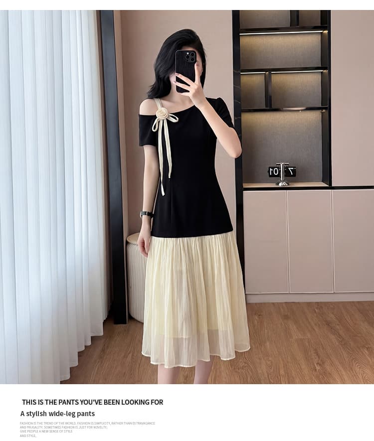 2026 새로운 여성 드레스 여름 우아함 편안함 슬림해 보이는 루즈핏 허리 비스듬한 어깨 페이크 레이어드 빅 플레어 스커트 상세 이미지 14
