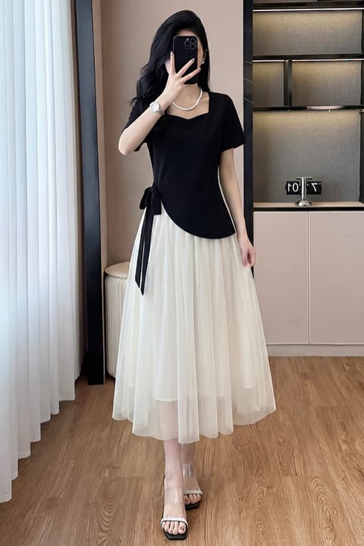 새로운 여성 드레스 봄 여름 프랑스식 부드러운 바람 미니멀리즘 페이크 레이어드 디자인 센스 불규칙 치마 이미지 6