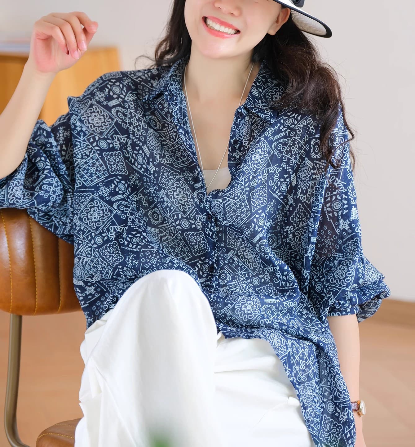 새로운 패션 레트로 다용도 플로럴 패턴 폴로 칼라 싱글 줄 버튼 셔츠 면 린넨 부드럽다 프로 피부 루즈핏 캐주얼 맨위 상세 이미지 16