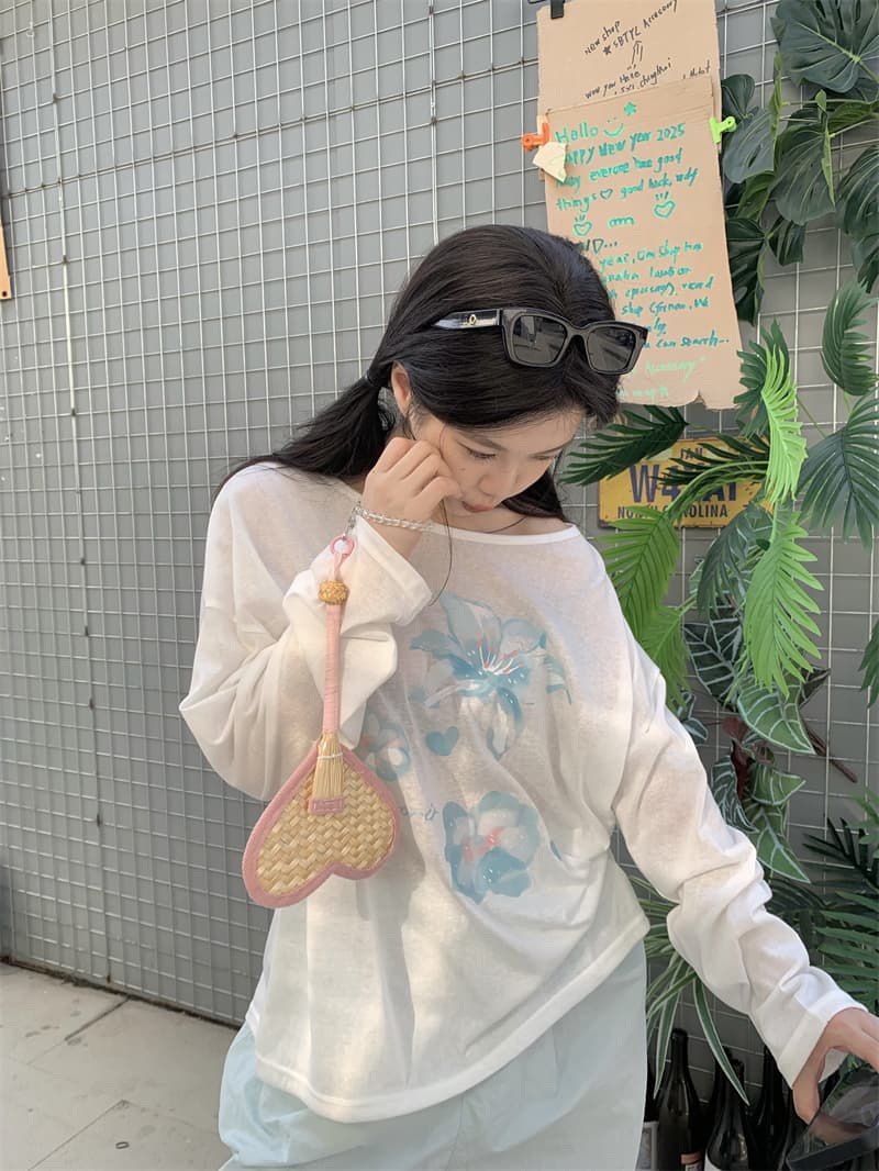 실사 정가 여름 꽃무늬 프린트 얇은 스타일 자외선 차단 블라우스 루즈핏 오프숄더 긴팔 티셔츠 상세 이미지 8