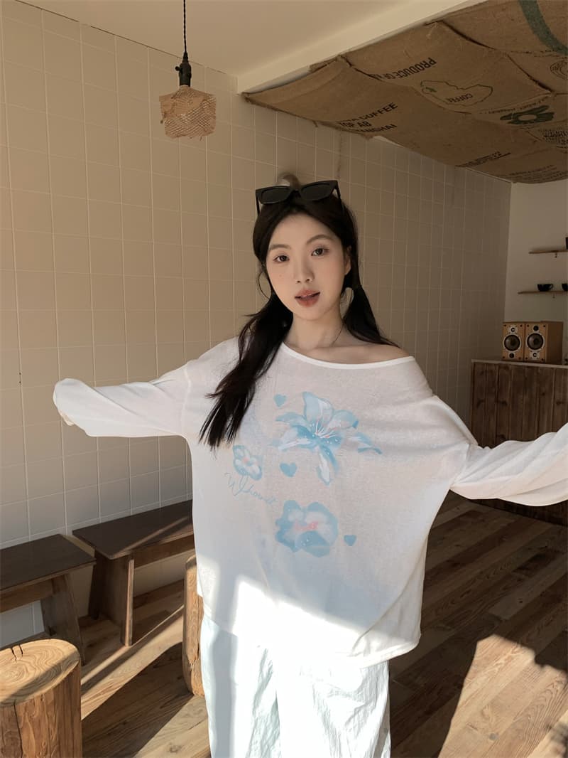 실사 정가 여름 꽃무늬 프린트 얇은 스타일 자외선 차단 블라우스 루즈핏 오프숄더 긴팔 티셔츠 상세 이미지 16