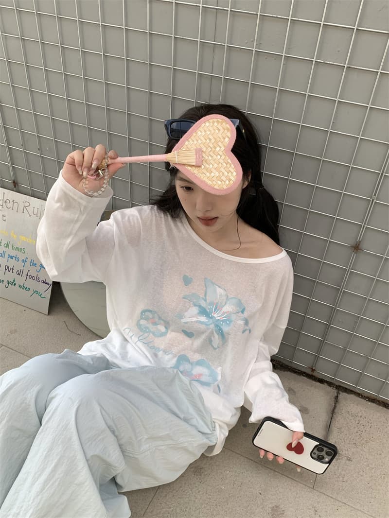 실사 정가 여름 꽃무늬 프린트 얇은 스타일 자외선 차단 블라우스 루즈핏 오프숄더 긴팔 티셔츠 상세 이미지 19