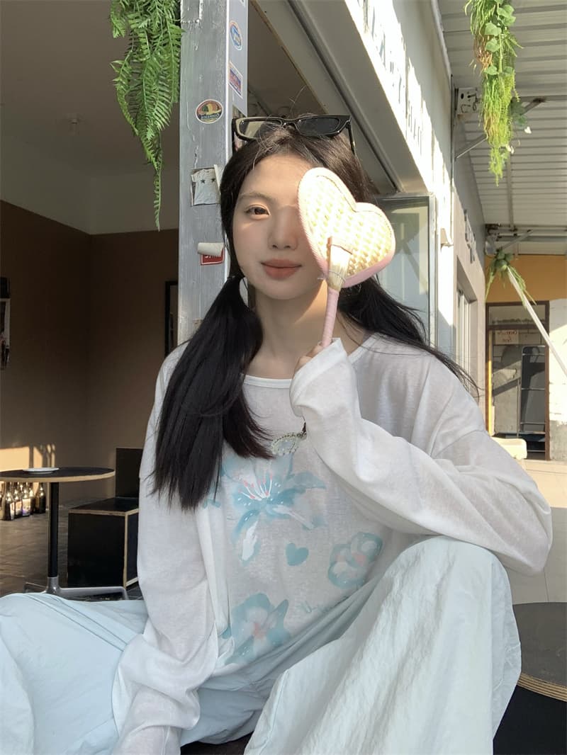 실사 정가 여름 꽃무늬 프린트 얇은 스타일 자외선 차단 블라우스 루즈핏 오프숄더 긴팔 티셔츠 상세 이미지 22