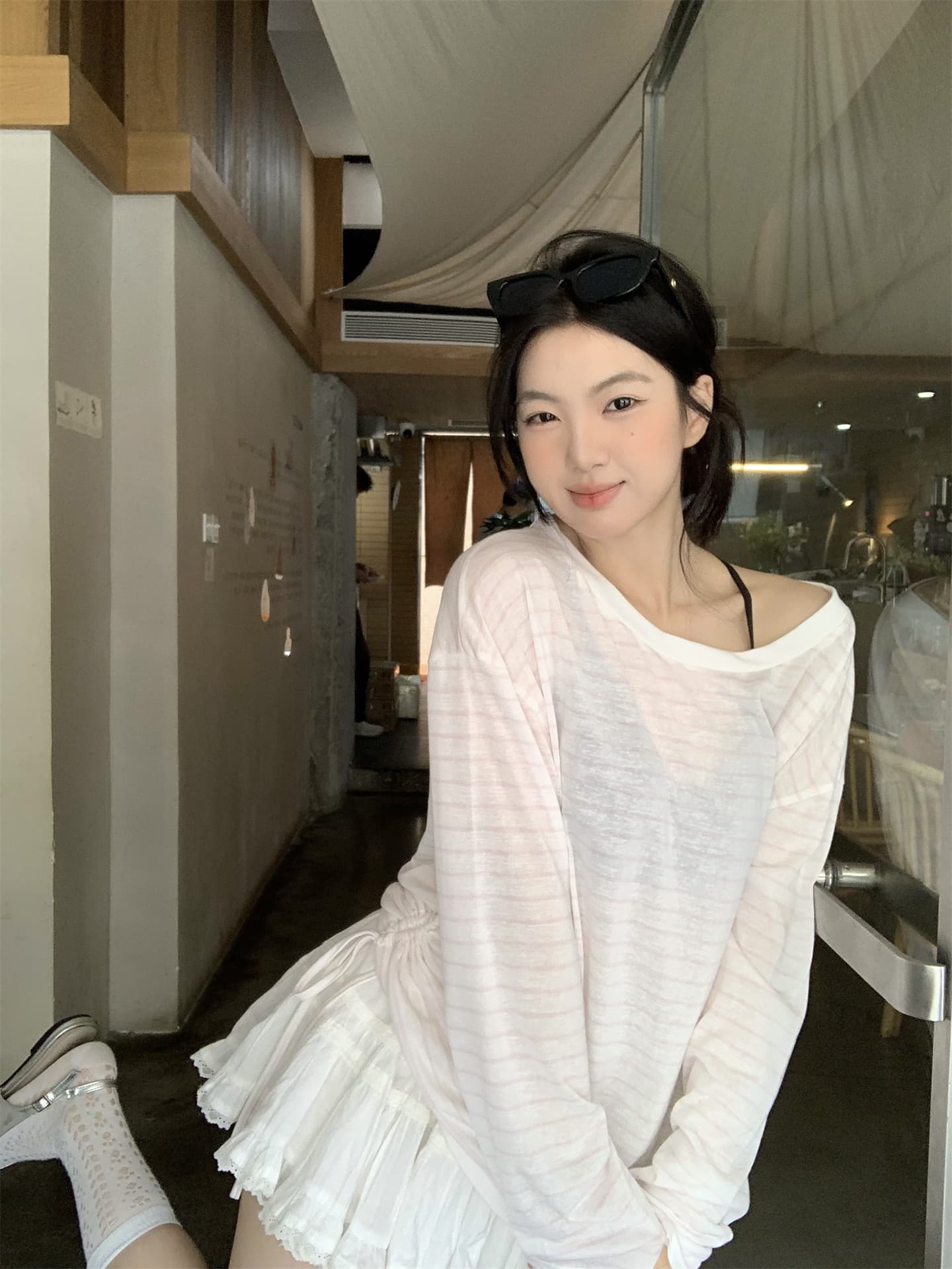 실사 정가 여름 여행 스트라이프 자외선 차단 블라우스 긴팔 얇은 스타일 비스듬한 어깨 티셔츠 오프숄더 맨위 상세 이미지 2