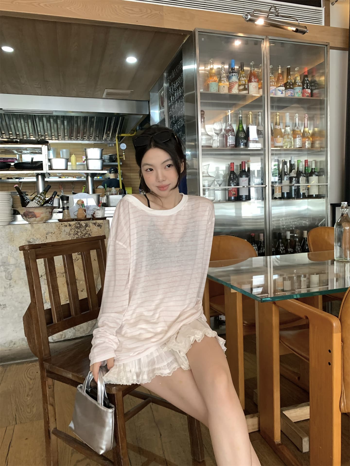 실사 정가 여름 여행 스트라이프 자외선 차단 블라우스 긴팔 얇은 스타일 비스듬한 어깨 티셔츠 오프숄더 맨위 상세 이미지 13