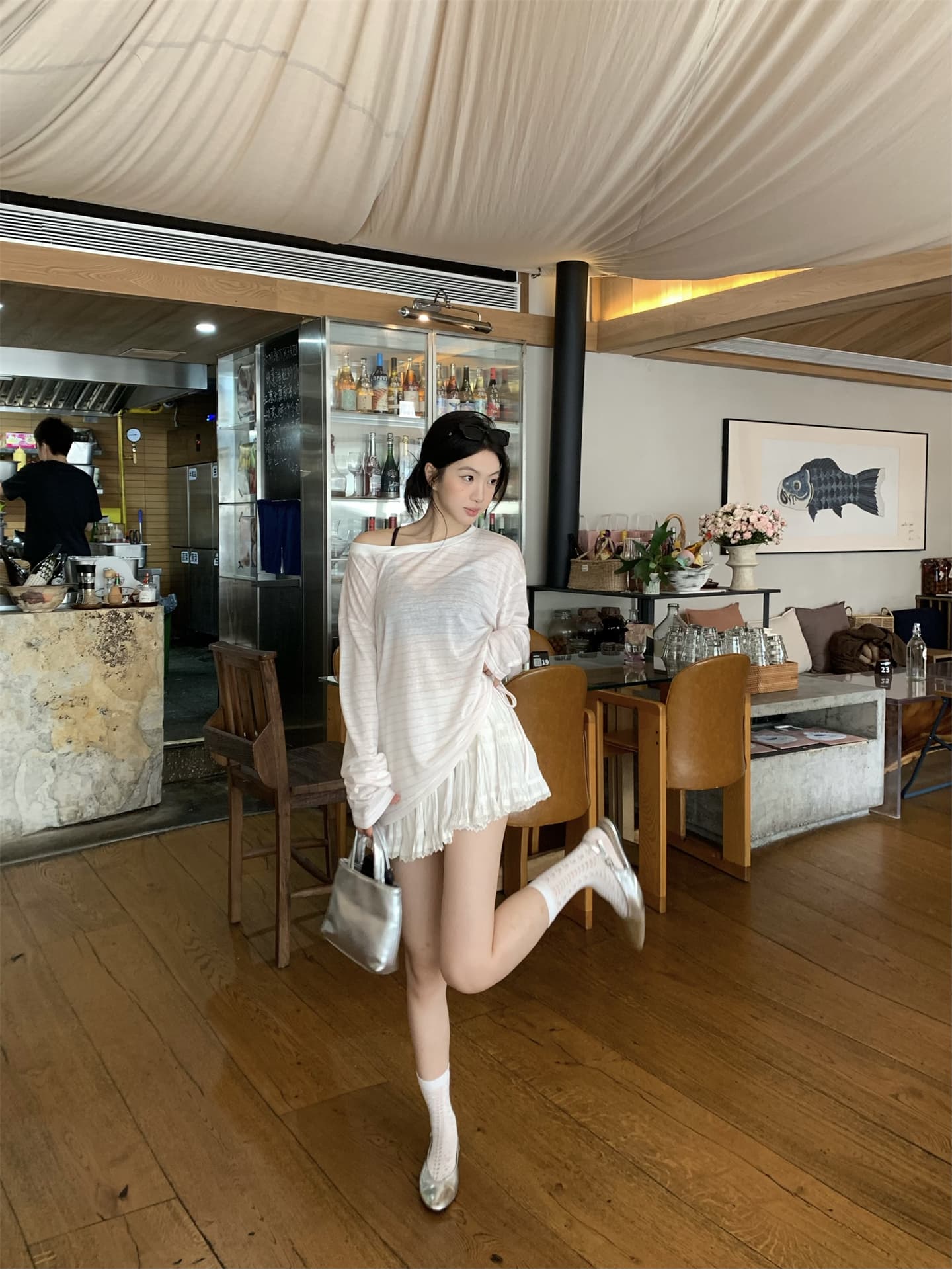 실사 정가 여름 여행 스트라이프 자외선 차단 블라우스 긴팔 얇은 스타일 비스듬한 어깨 티셔츠 오프숄더 맨위 상세 이미지 14