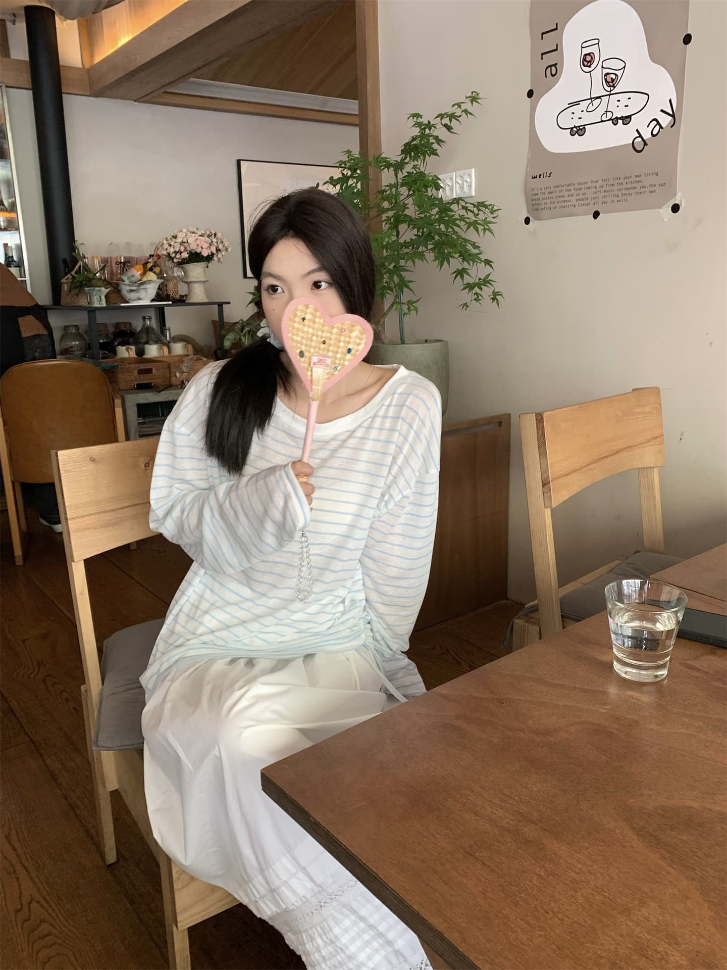실사 정가 여름 여행 스트라이프 자외선 차단 블라우스 긴팔 얇은 스타일 비스듬한 어깨 티셔츠 오프숄더 맨위 상세 이미지 21
