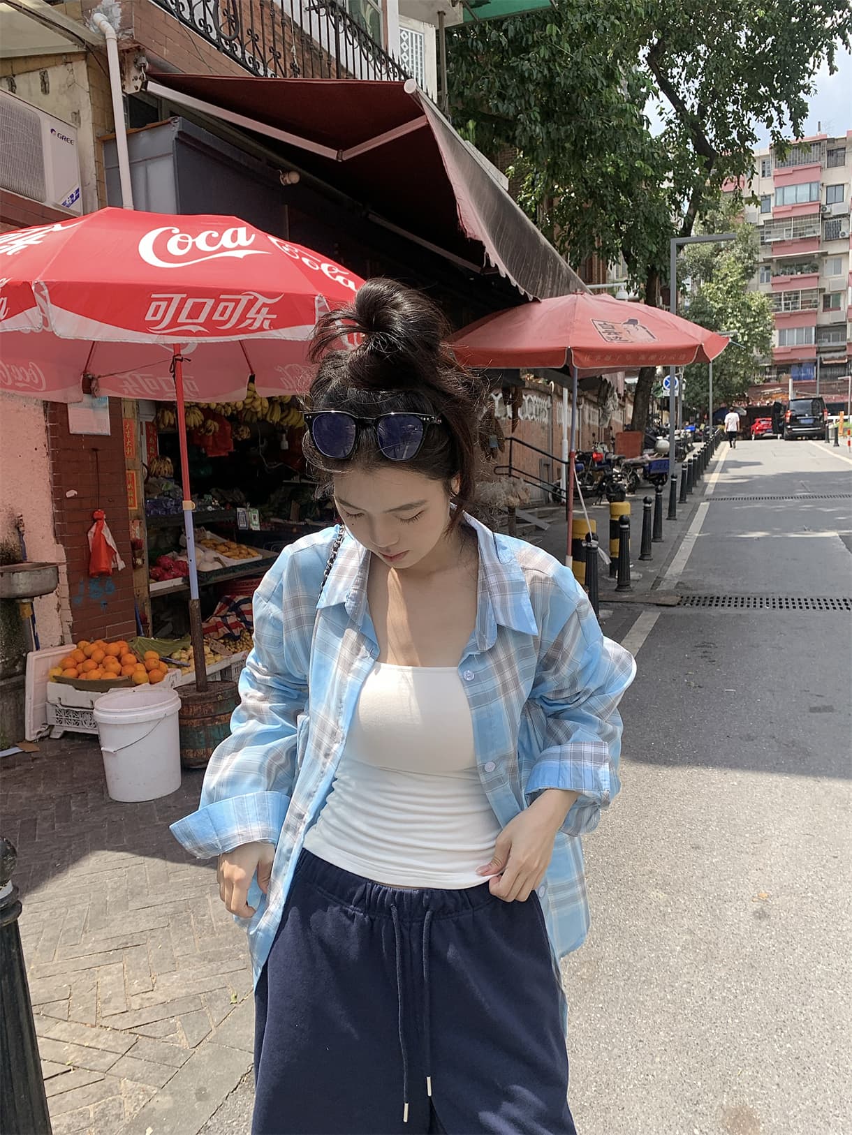 실사 정가 봄 아메리칸 레트로 느긋한 디스플레이 화이트 파란색 격자 무늬 셔츠 자외선 차단 재킷 상세 이미지 8