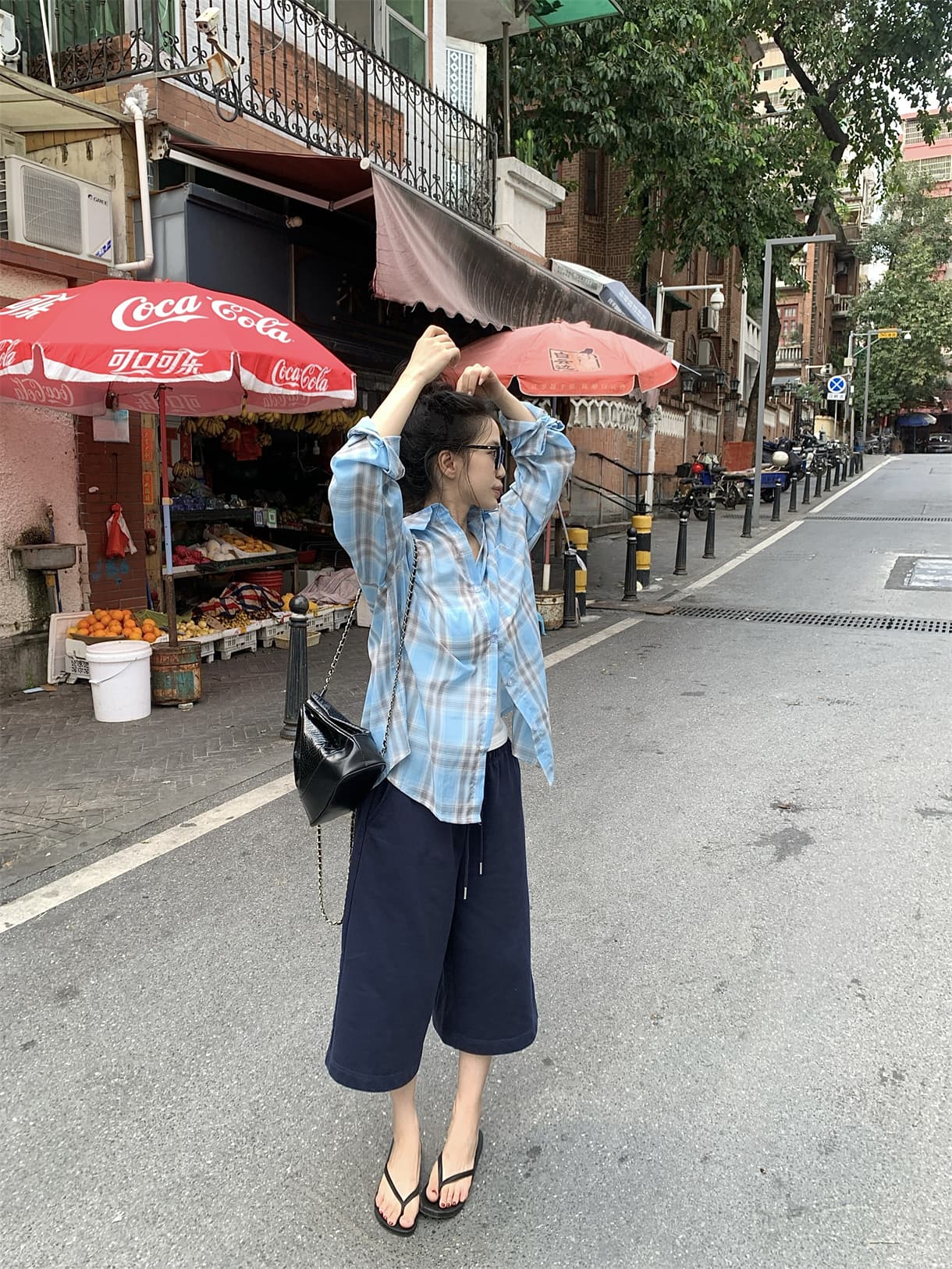 실사 정가 봄 아메리칸 레트로 느긋한 디스플레이 화이트 파란색 격자 무늬 셔츠 자외선 차단 재킷 상세 이미지 10