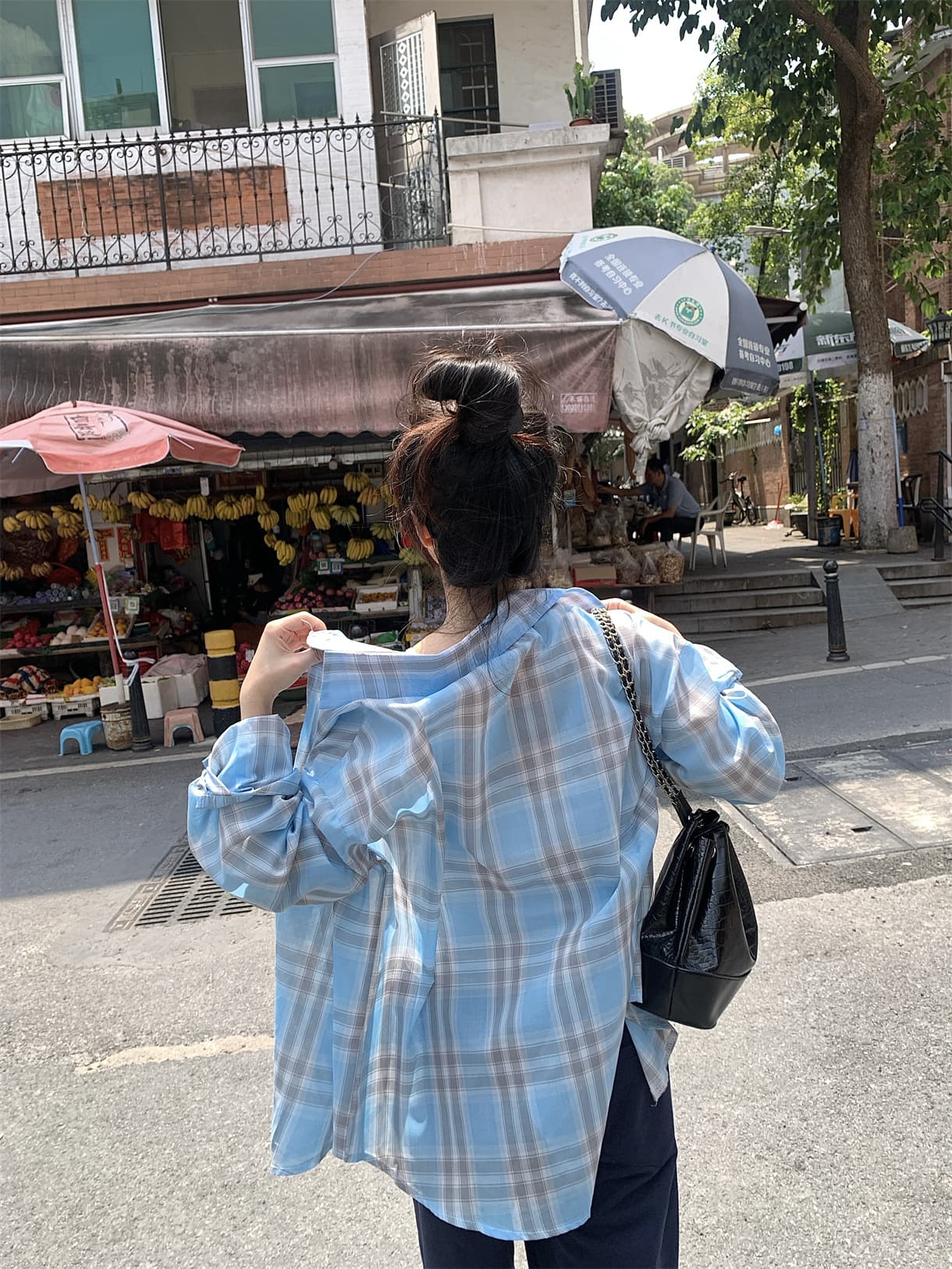 실사 정가 봄 아메리칸 레트로 느긋한 디스플레이 화이트 파란색 격자 무늬 셔츠 자외선 차단 재킷 상세 이미지 14