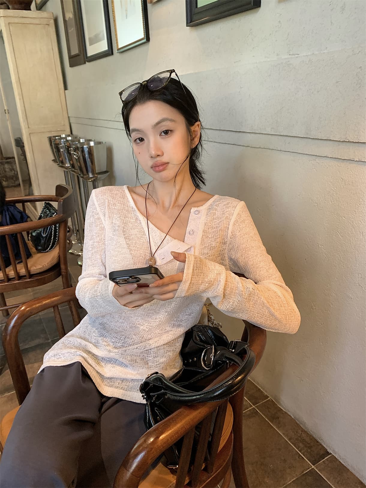 실사 정가 이른 가을 마이크로 ~을 통해 라운드 비스듬한 문 襟 루즈핏 블라우스 다용도 긴팔 얇은 스타일 맨위 이미지 3