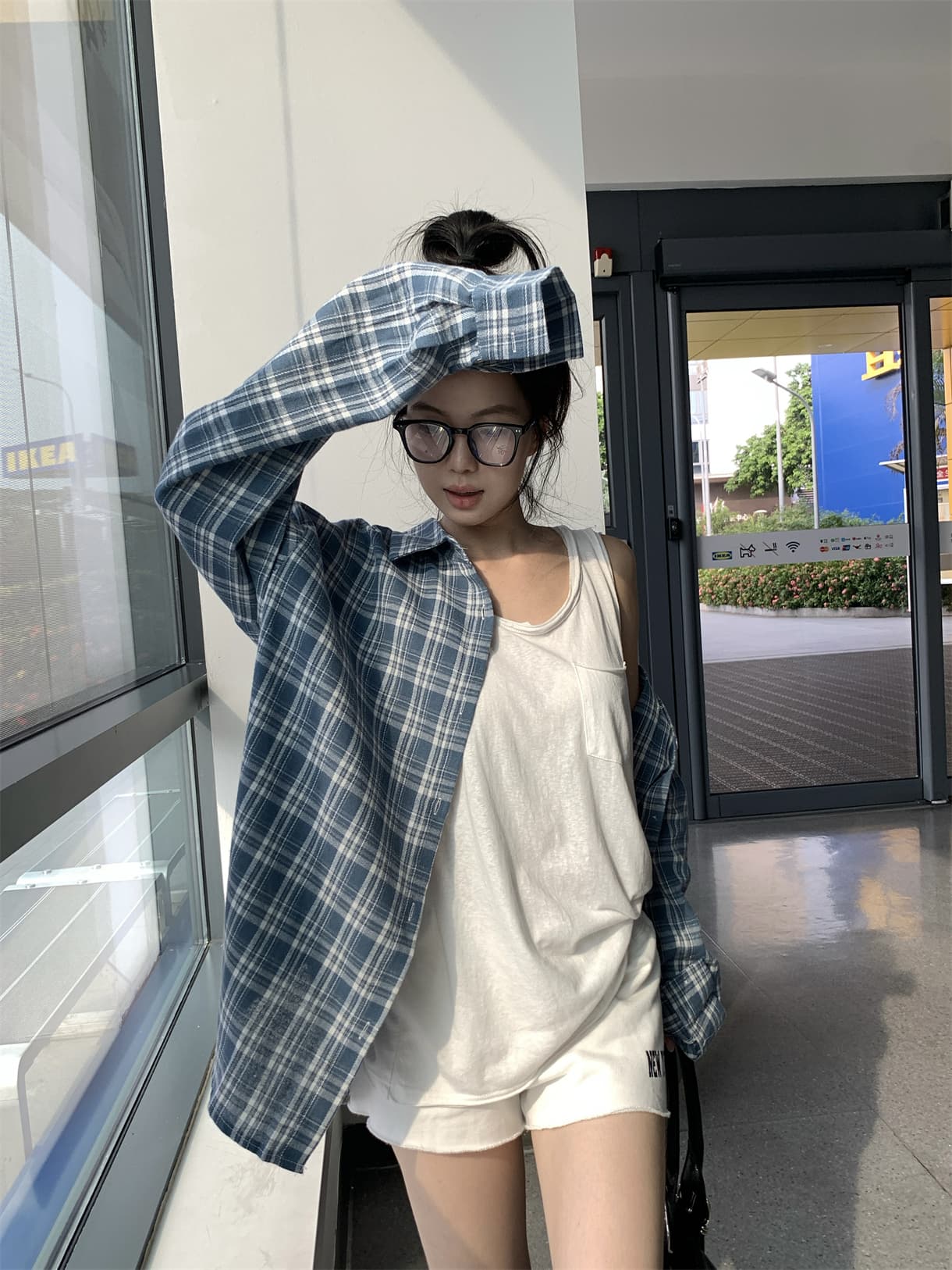 실사 정가 이른 가을 아메리칸 느긋한 디스플레이 화이트 파란색 체크무늬 긴팔 셔츠 루즈핏 셔츠 상세 이미지 16