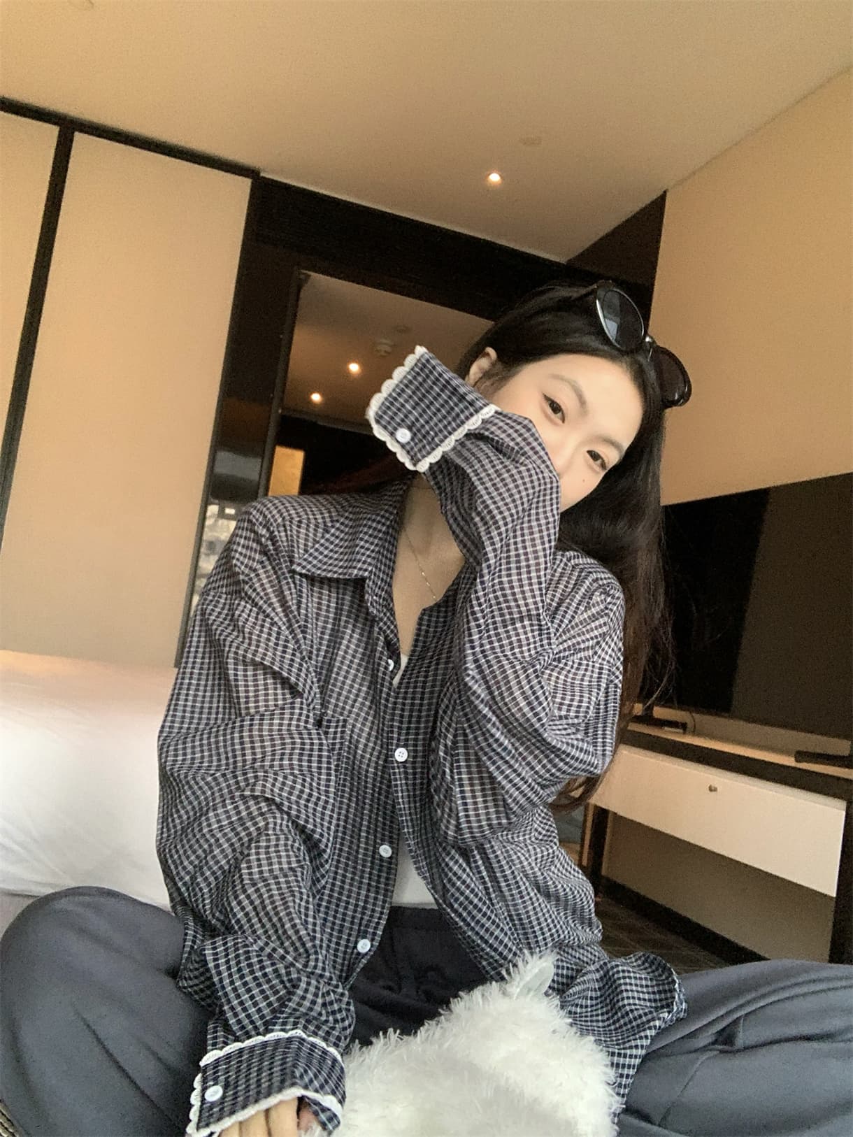 실사 정가 이른 가을 느긋한 디자인 센스 레이스 패치워크 체크무늬 긴팔 셔츠 루즈핏 셔츠 재킷