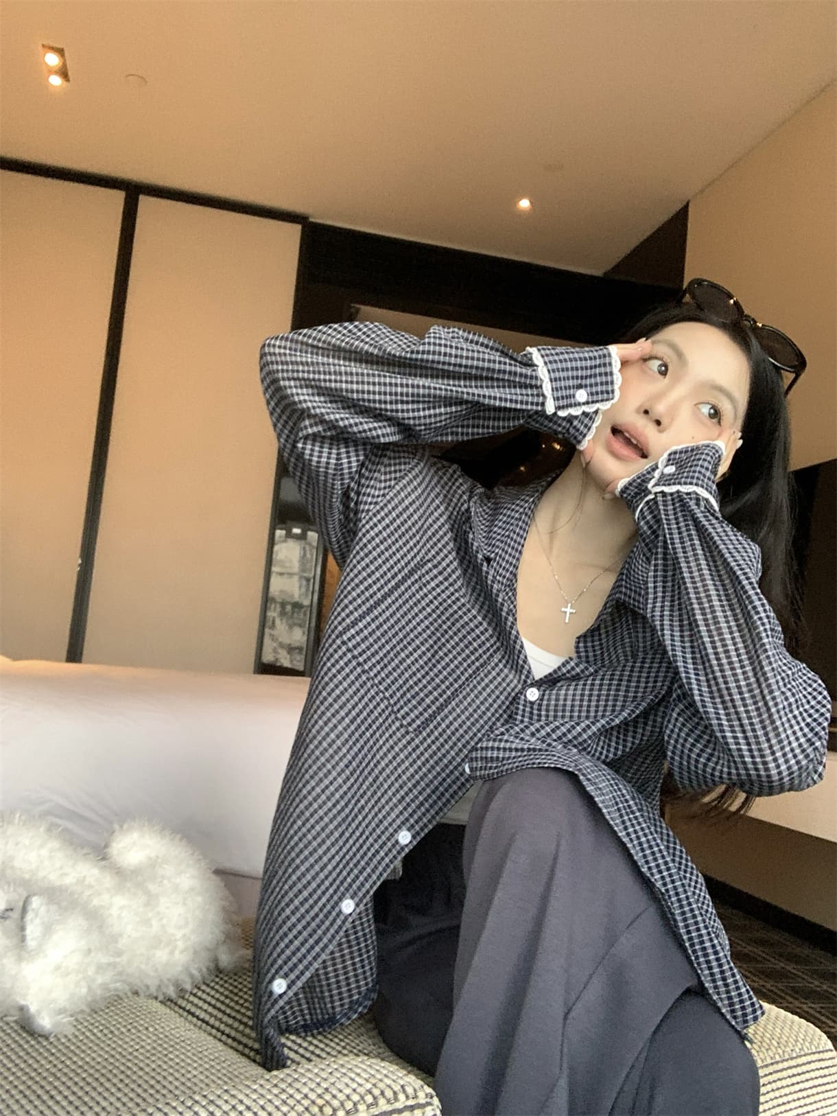 실사 정가 이른 가을 느긋한 디자인 센스 레이스 패치워크 체크무늬 긴팔 셔츠 루즈핏 셔츠 재킷 상세 이미지 3