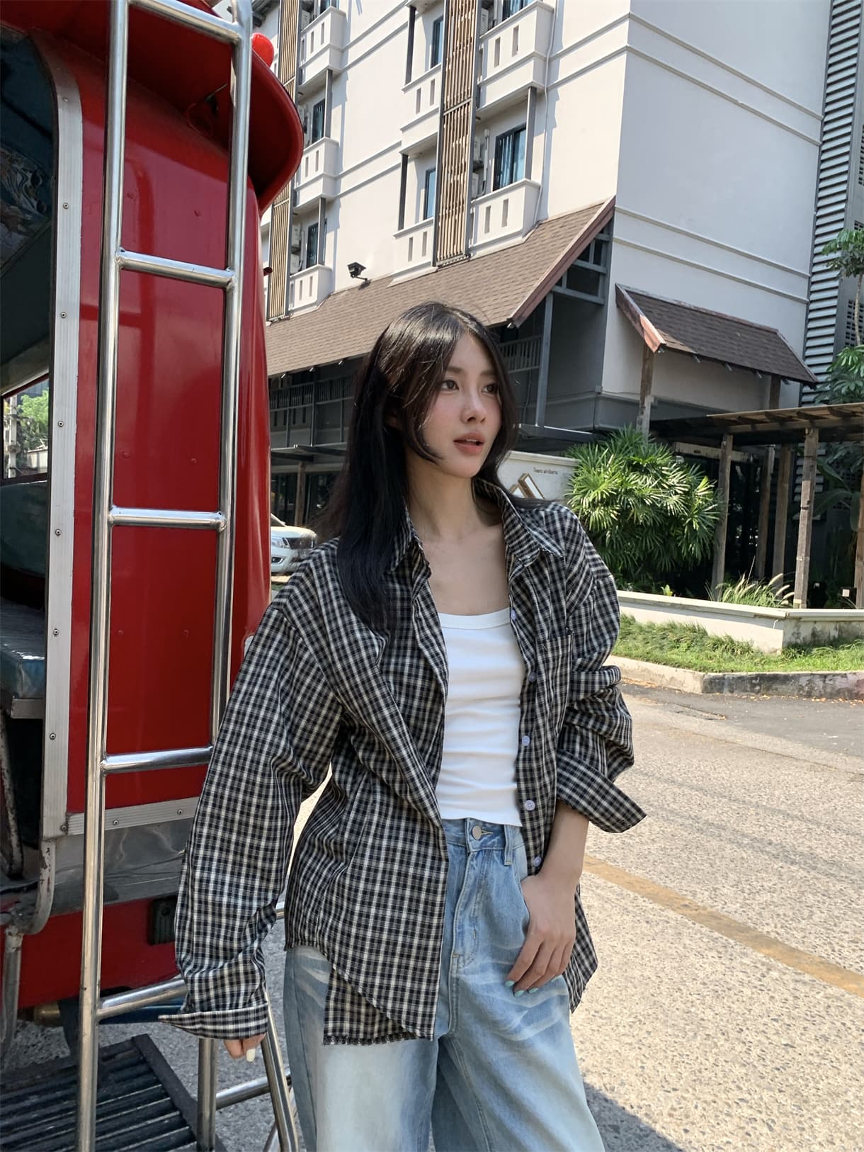 실사 정가 가을 아메리칸 느긋한 체크무늬 루즈핏 긴팔 셔츠 스택 착용 재킷 상세 이미지 20