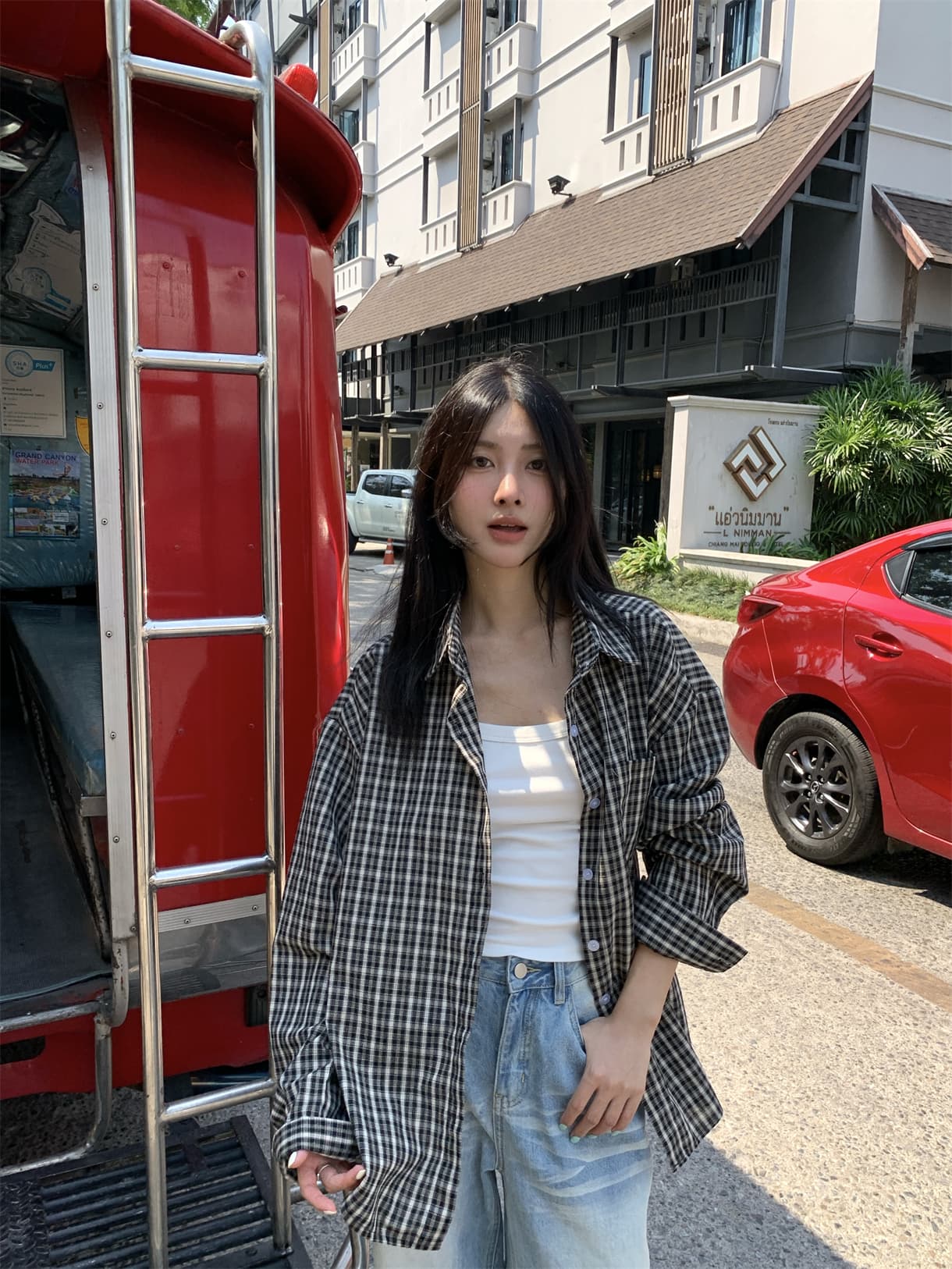 실사 정가 가을 아메리칸 느긋한 체크무늬 루즈핏 긴팔 셔츠 스택 착용 재킷 이미지 4