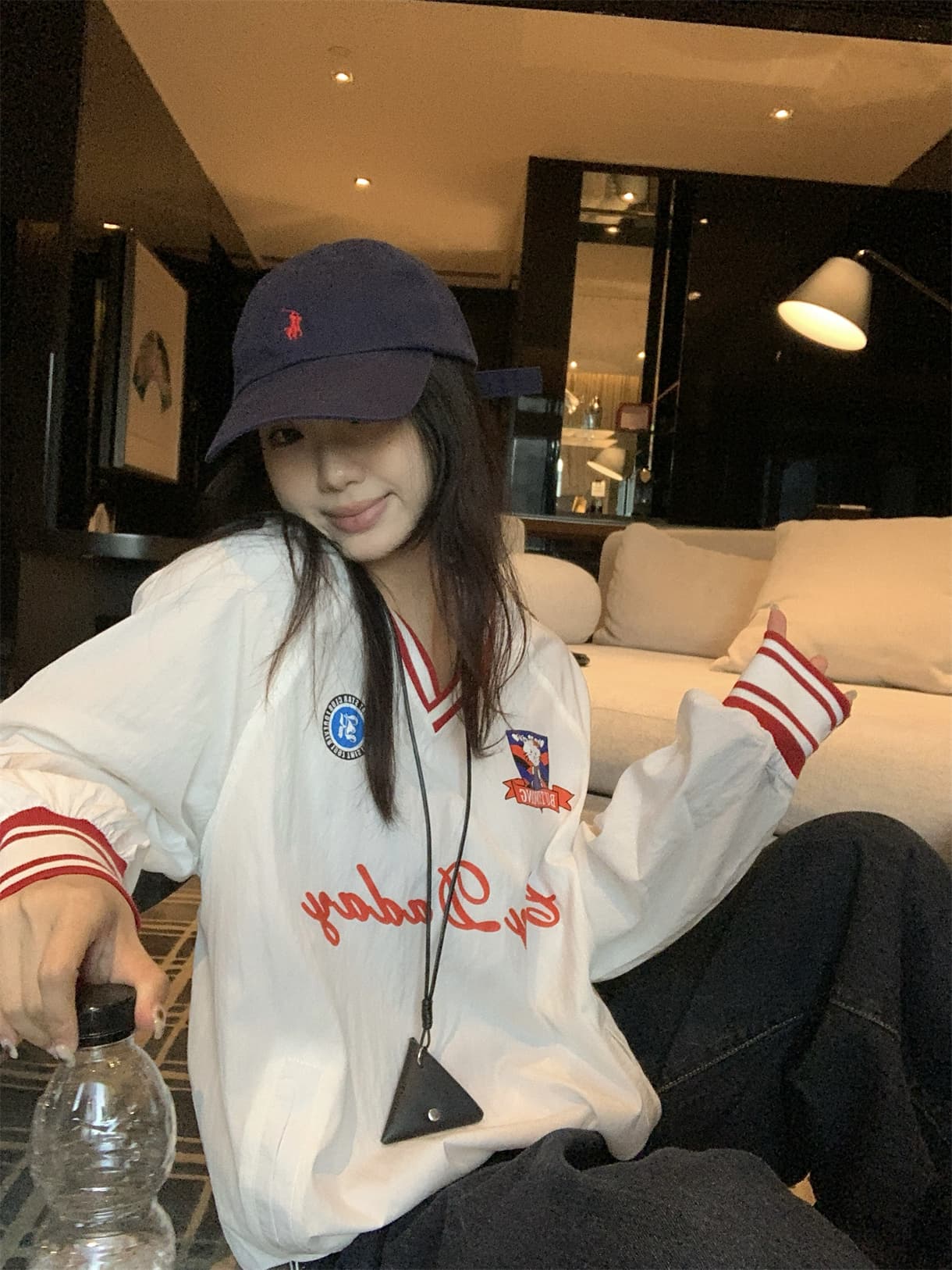 실사 정가 이른 가을 아메리칸 느긋한 바람 프린트 배색 긴팔 루즈핏 티셔츠 V넥 공 서비스 자외선 차단 블라우스 상세 이미지 22