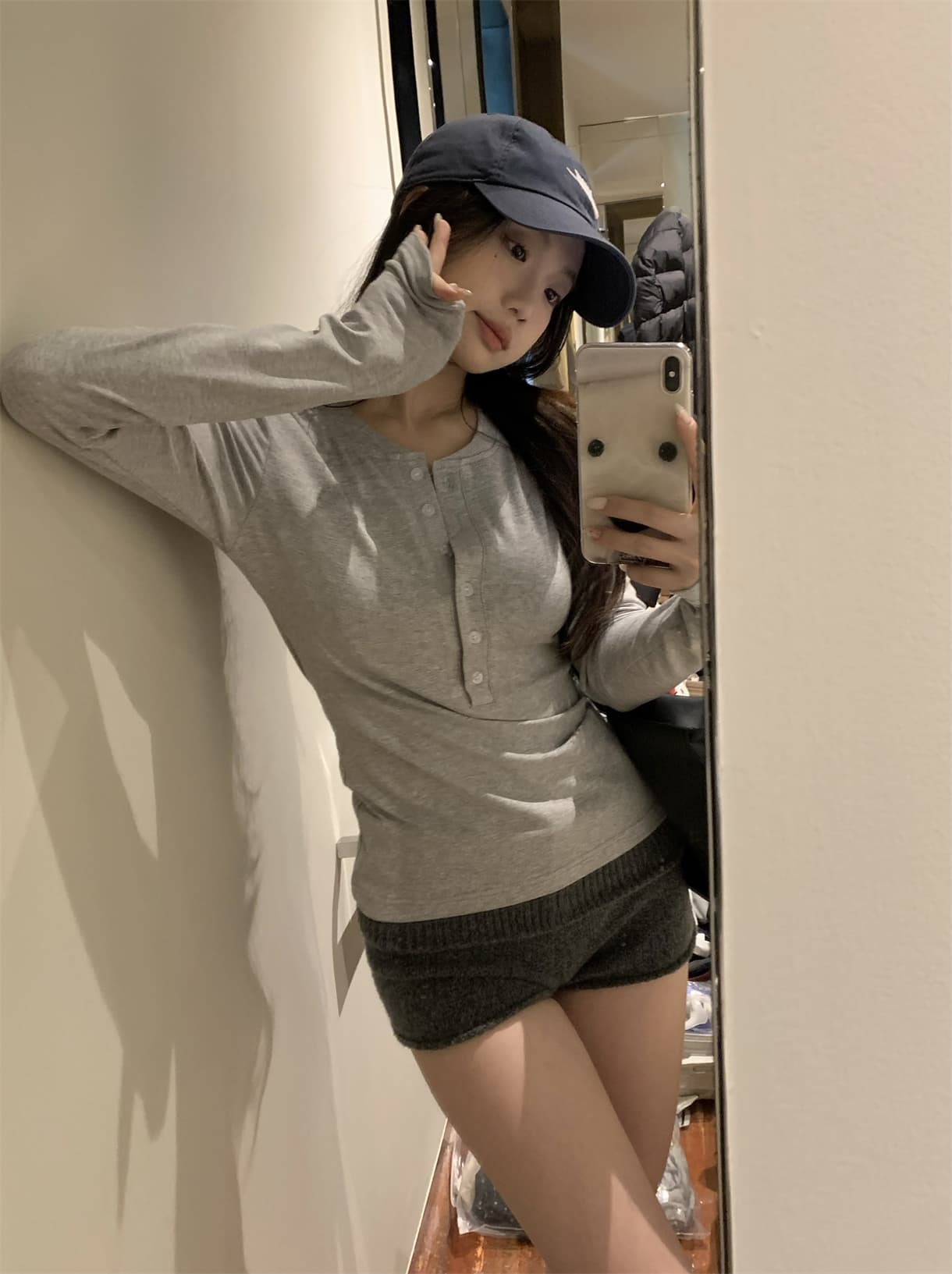 실사 정가 봄 다용도 헨리 칼라 티셔츠 핑크색 인사이드 가져 가라. 몸매 가꾸기 긴팔 기본 셔츠 상세 이미지 35