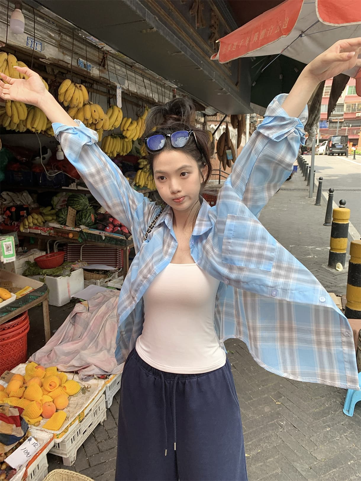 실사 정가 봄 아메리칸 레트로 느긋한 디스플레이 화이트 파란색 격자 무늬 셔츠 자외선 차단 재킷