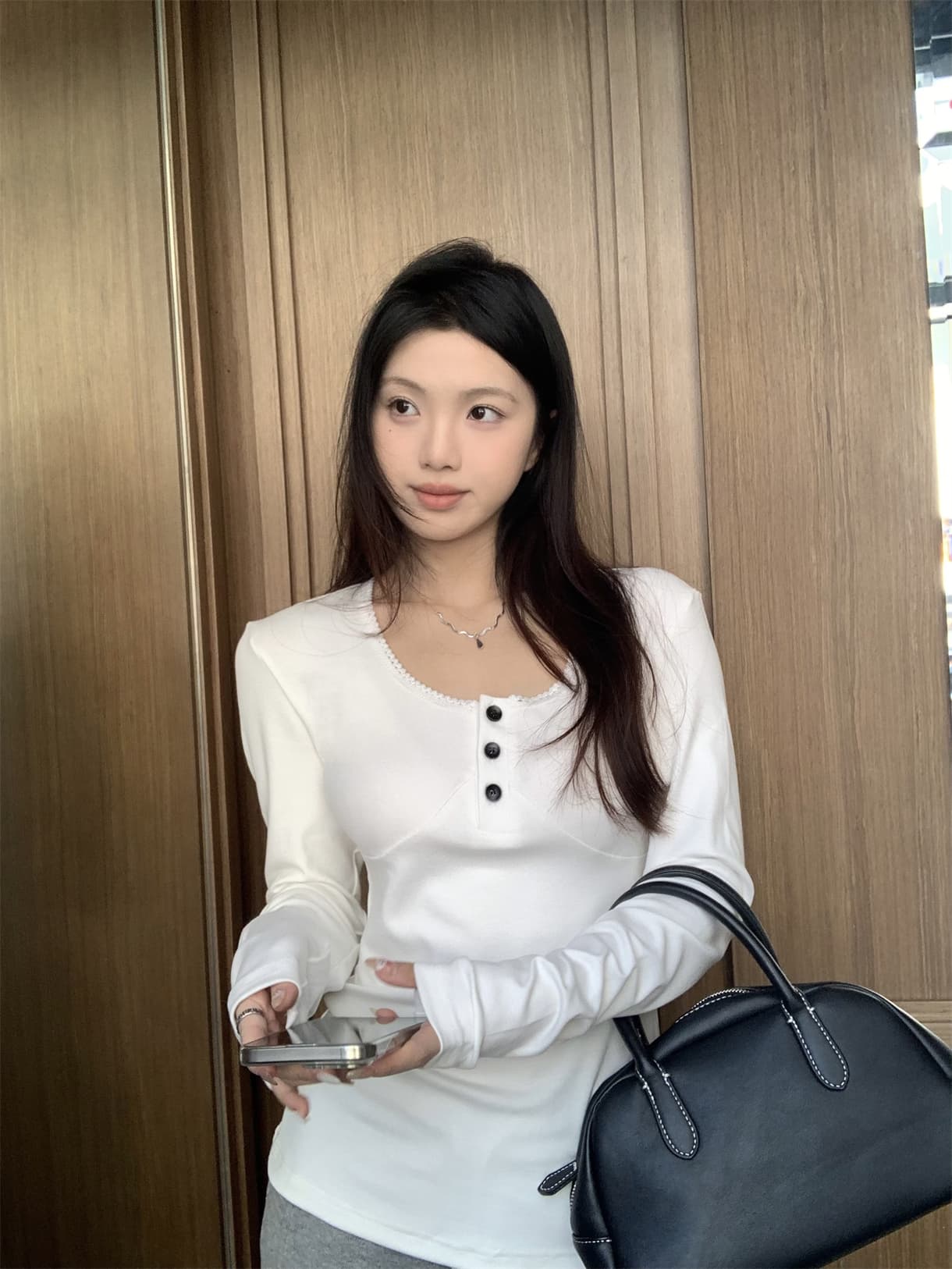 실사 정가 다용도 레이스 패치워크 티셔츠 인사이드 가져 가라. 몸매 가꾸기 긴팔 기본 셔츠 상세 이미지 2