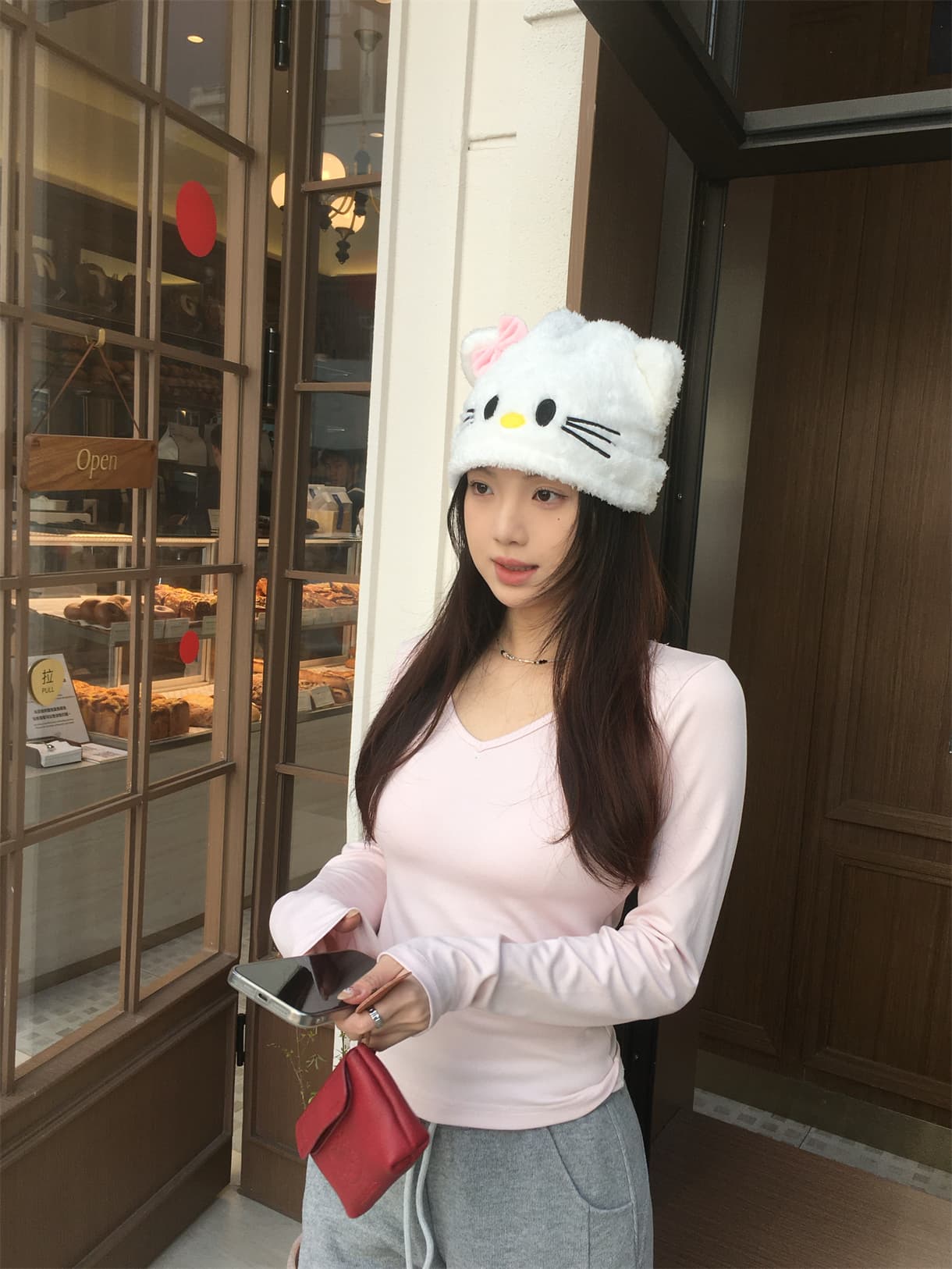 실사 정가 이른 가을 부드러운 다용도 V넥 핑크색 티셔츠 인사이드 가져 가라. 몸매 가꾸기 긴팔 기본 셔츠 상세 이미지 17