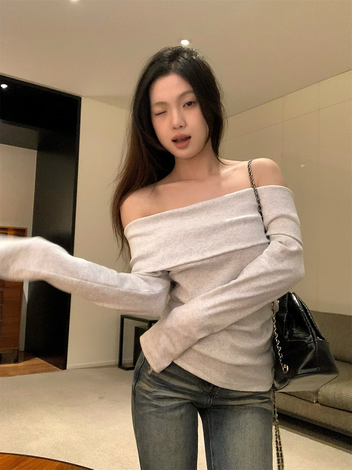 실사 정가 봄 순수한 욕망 핫걸 화이트 회색 오프숄더 긴팔 맨위 오프숄더 티셔츠 상세 이미지 15