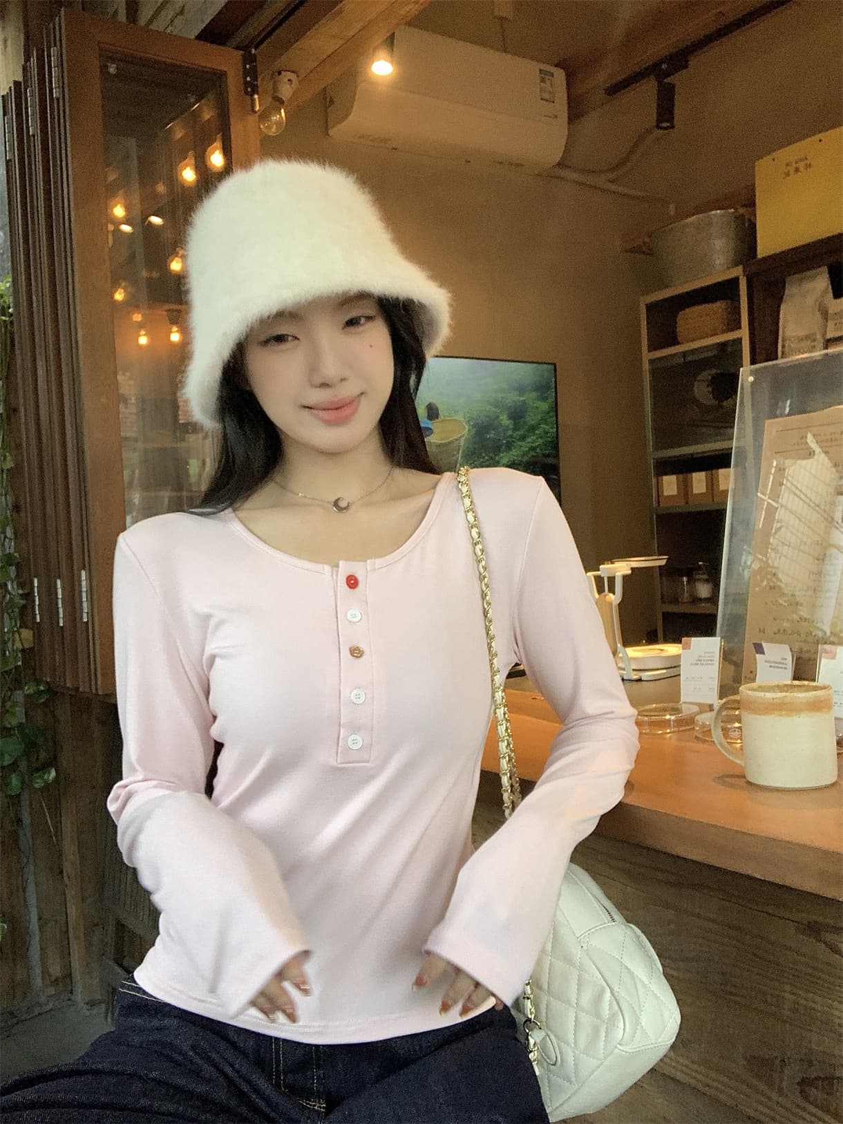 실사 정가 색상 버클 방정식 가을 헨리 칼라 긴팔 티셔츠 인사이드 가져 가라. 몸매 가꾸기 기본 셔츠 상세 이미지 9