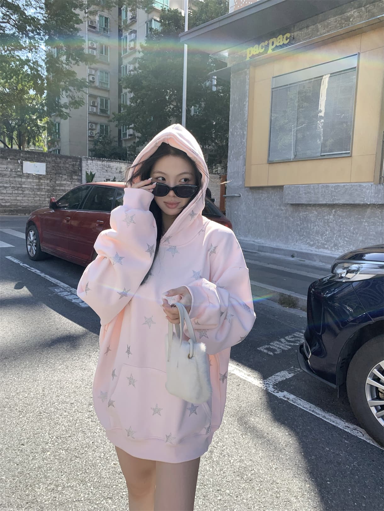 실사 정가 아메리칸 느긋한 루즈핏 디자인 센스 별 프린트 후드 티 스웨터 핑크색 후드티 상세 이미지 18